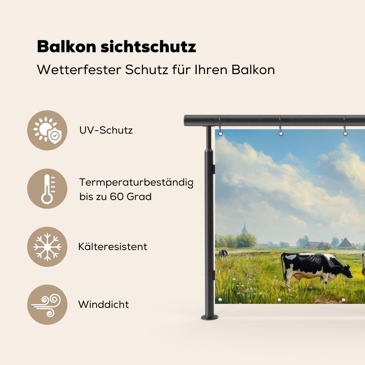 BALKON-SICHTSCHUTZ Kühe - Windmühle - Wiese - Blau Deko XXL 500x120 cm - Grün, Kunststoff (500/120cm) - MuchoWow