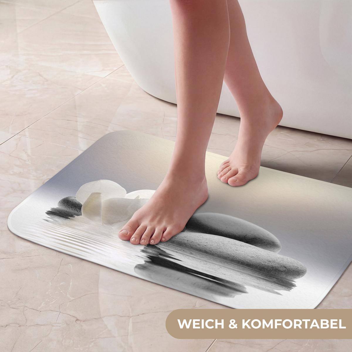 BADEMATTE Steine - Lotus - Weiß - Wasser - Zen 60x40 cm - Weiß, Textil (60/40cm) - OnlyWow
