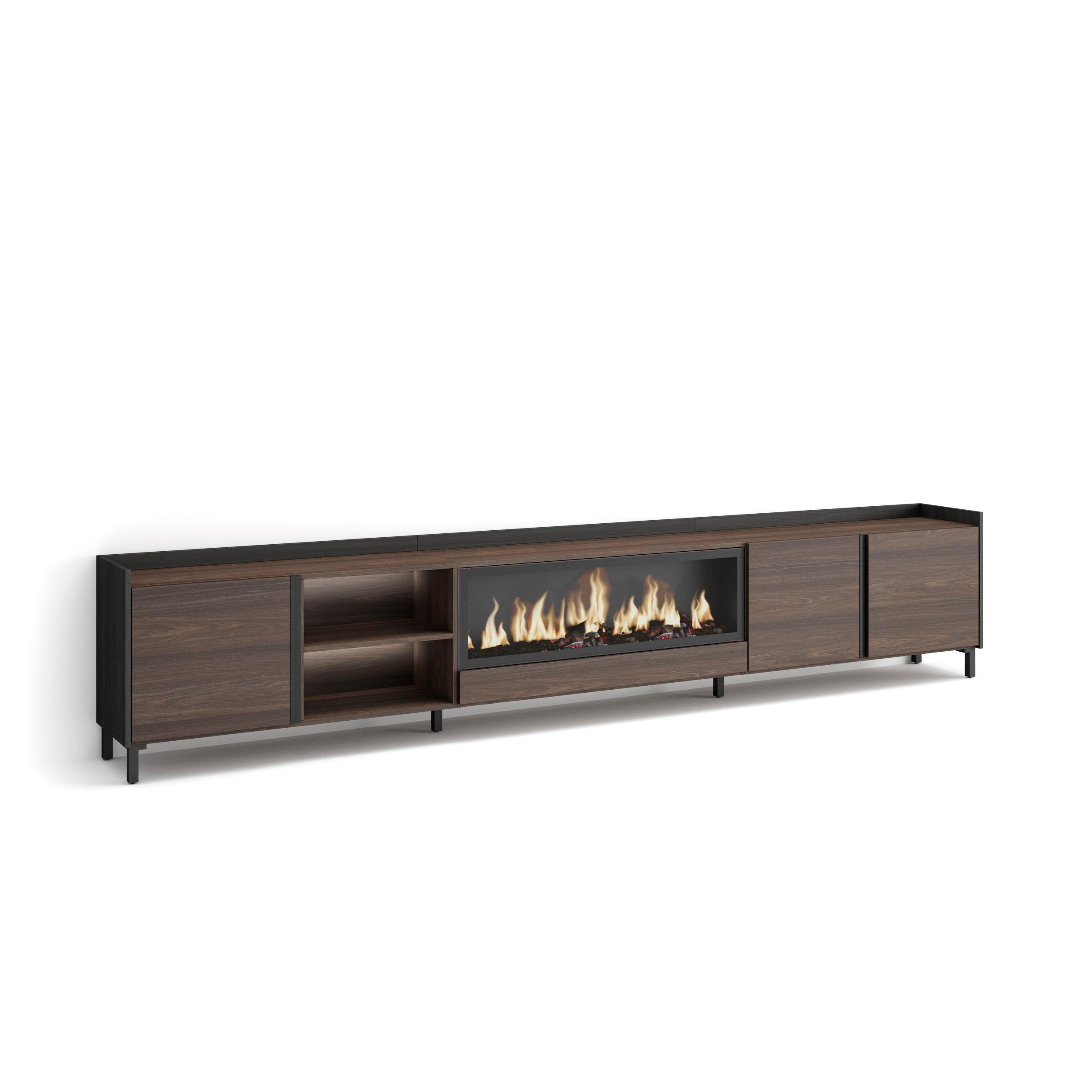 LOWBOARD, Eiche und Schwarz, 315/35/61cm, Kamin mit Feuereffekt XXL - Dunkelbraun, Holzwerkstoff (315/61/35cm) - Skraut Home