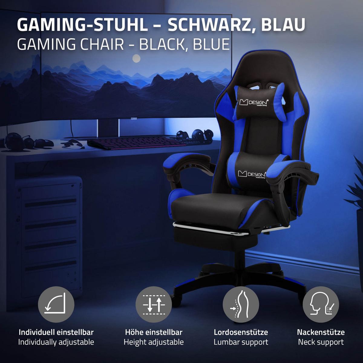GAMINGSTUHL Schwarz-Blau aus Kunstleder - Blau/Schwarz, Kunststoff/Metall (62/119/62cm) - ML-DESIGN