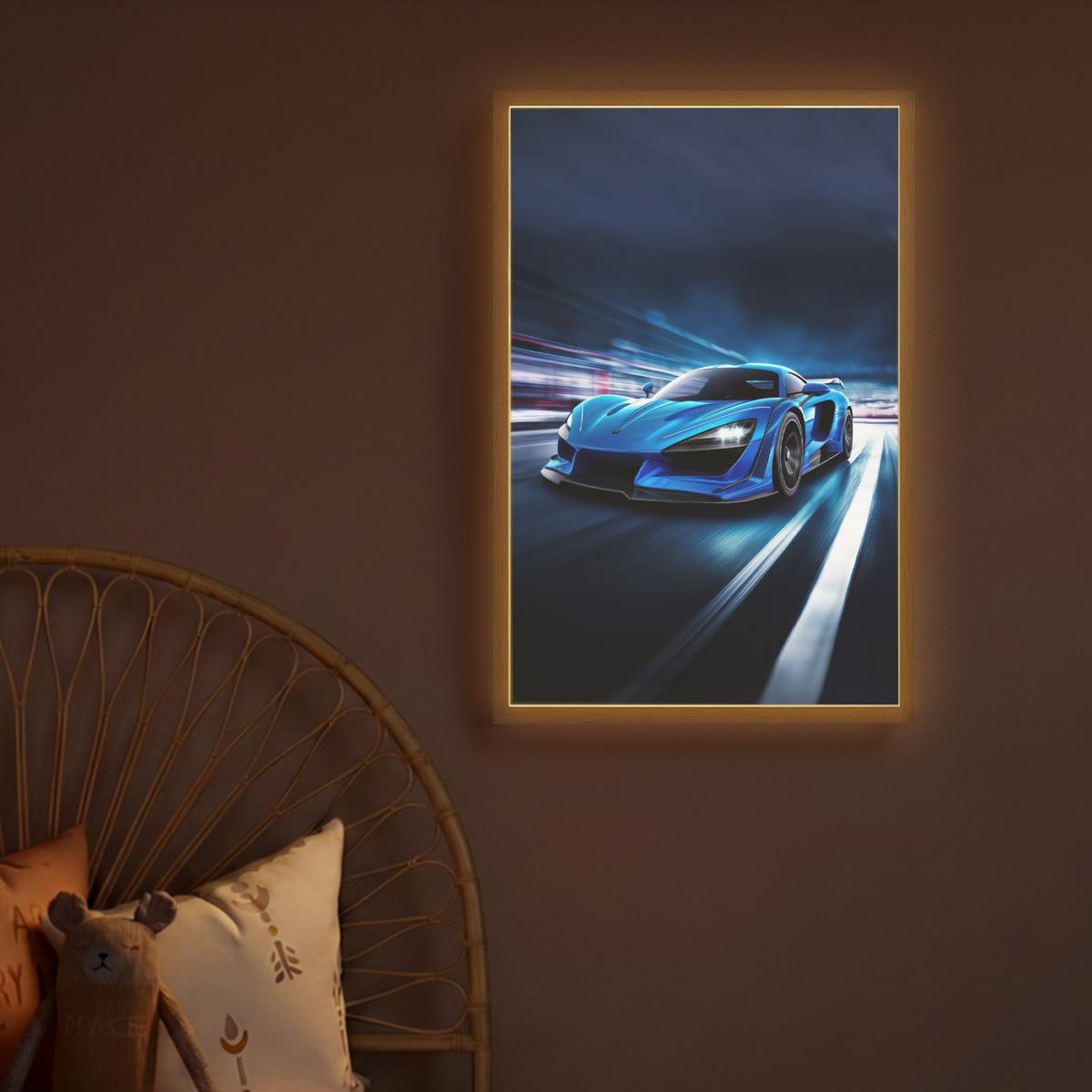 WANDLEUCHTE MIT AKKU Auto - Blau - Jungen - Kind 40x60 cm - Blau, Holzwerkstoff (40/60/8cm) - OnlyWow