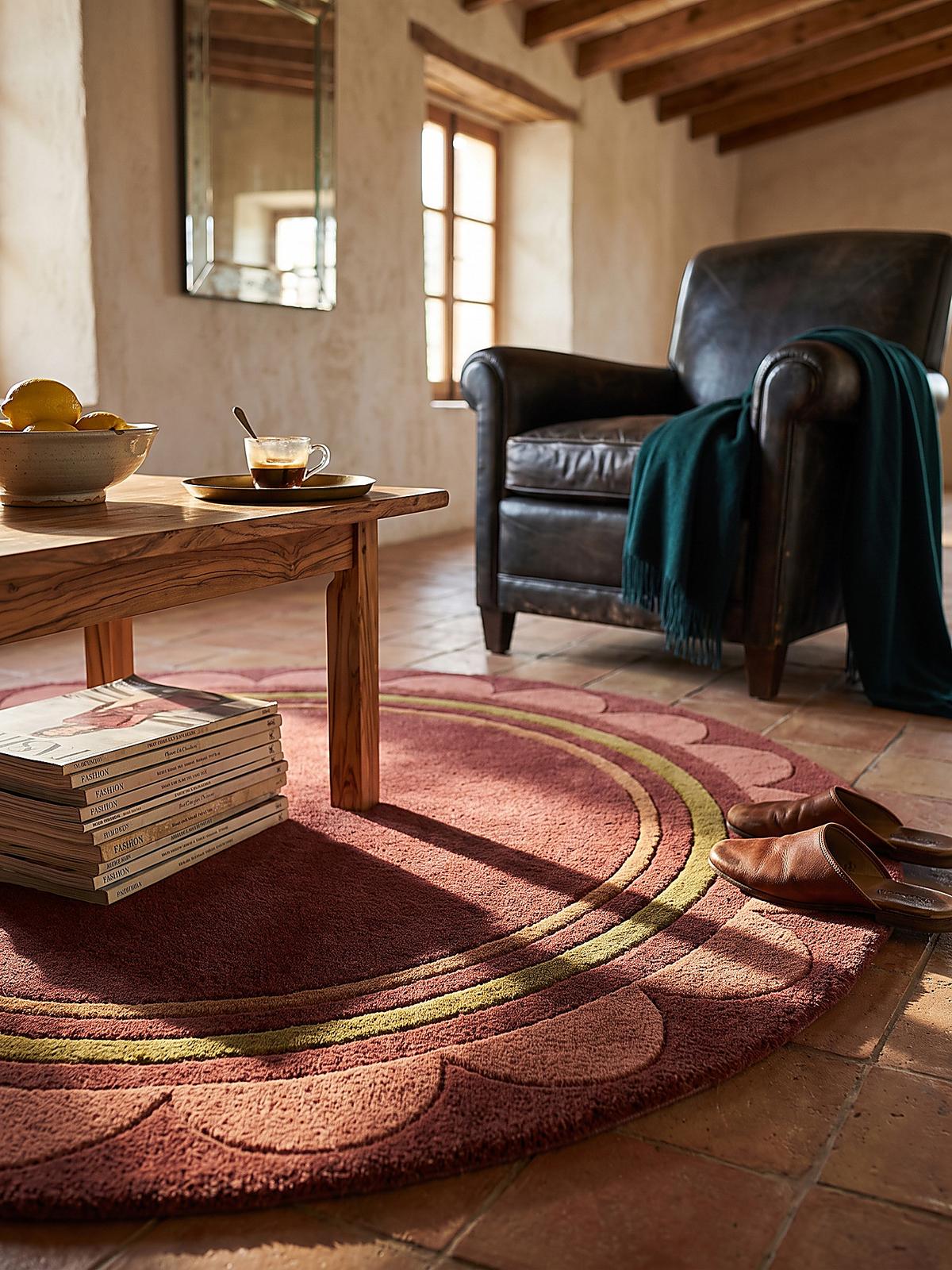 TEPPICH aus Wolle, handgetuftet, WENSUM, in Beerenrot, Scallop-Bordüre, Ø 120 cm - Rot, Textil (120/120cm) - KADIMA DESIGN