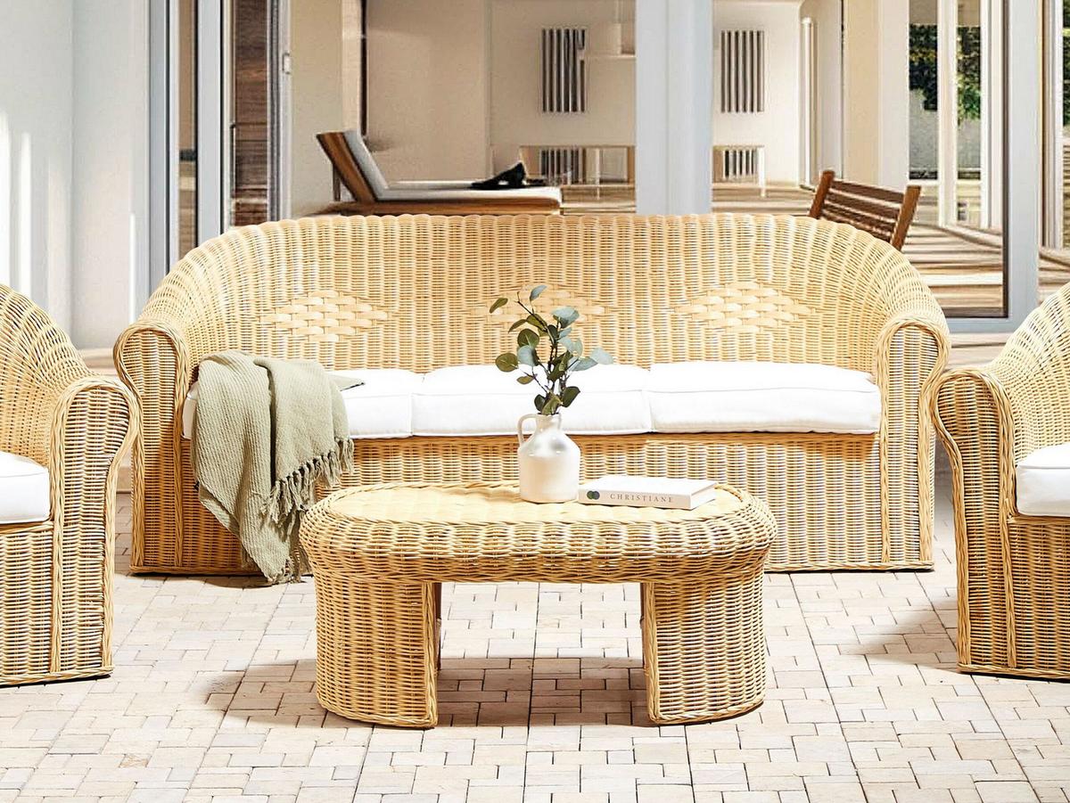 GARTENSOFA 3-Sitzer Rattan natürlich Livadeia - Naturfarben, Naturmaterialien (75/82/202cm) - Beliani