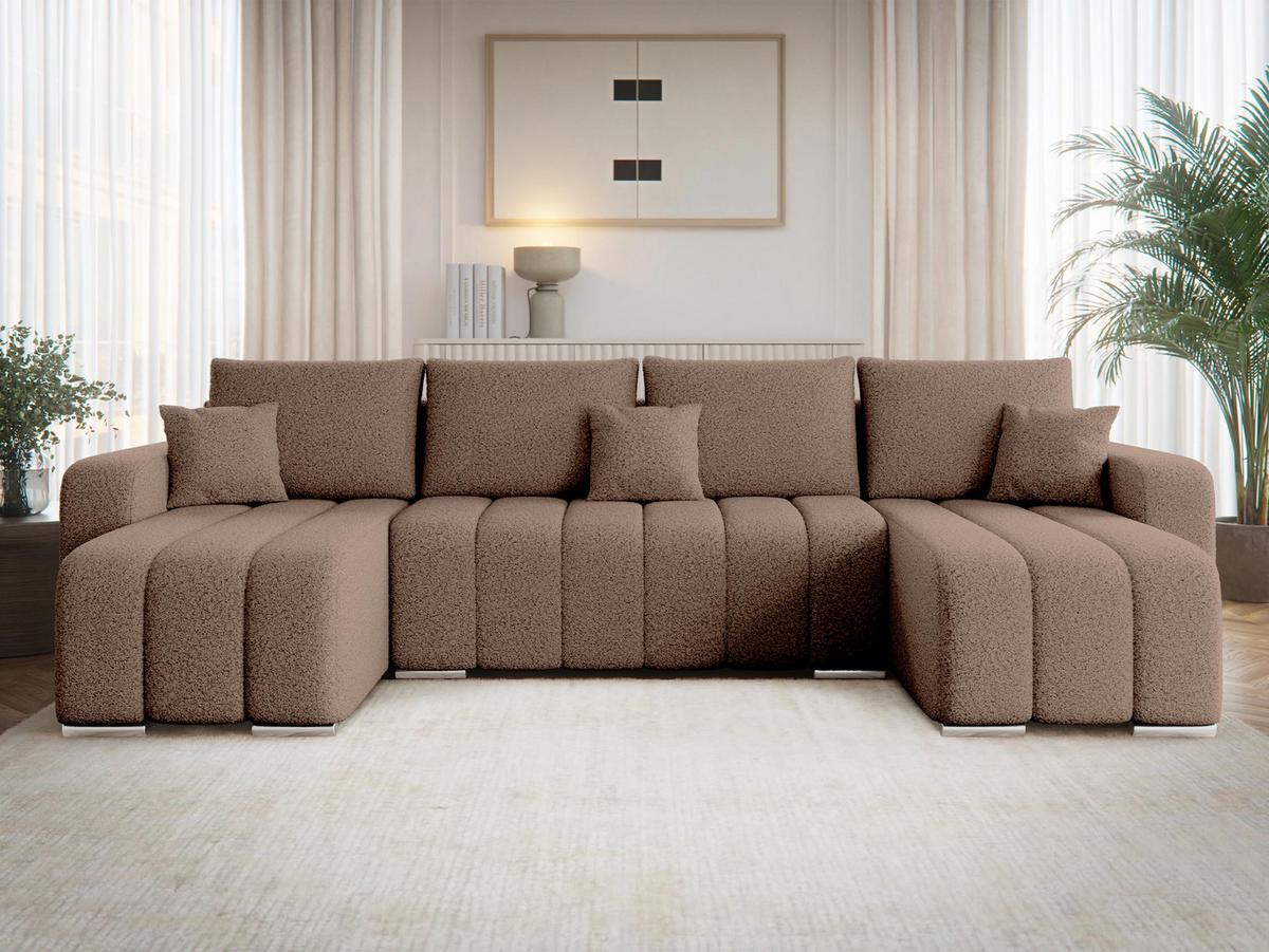 WOHNLANDSCHAFT Pufetto U Boucle - Hellbraun/Silberfarben, Holz/Textil (313/86/147cm) - MIRJAN24