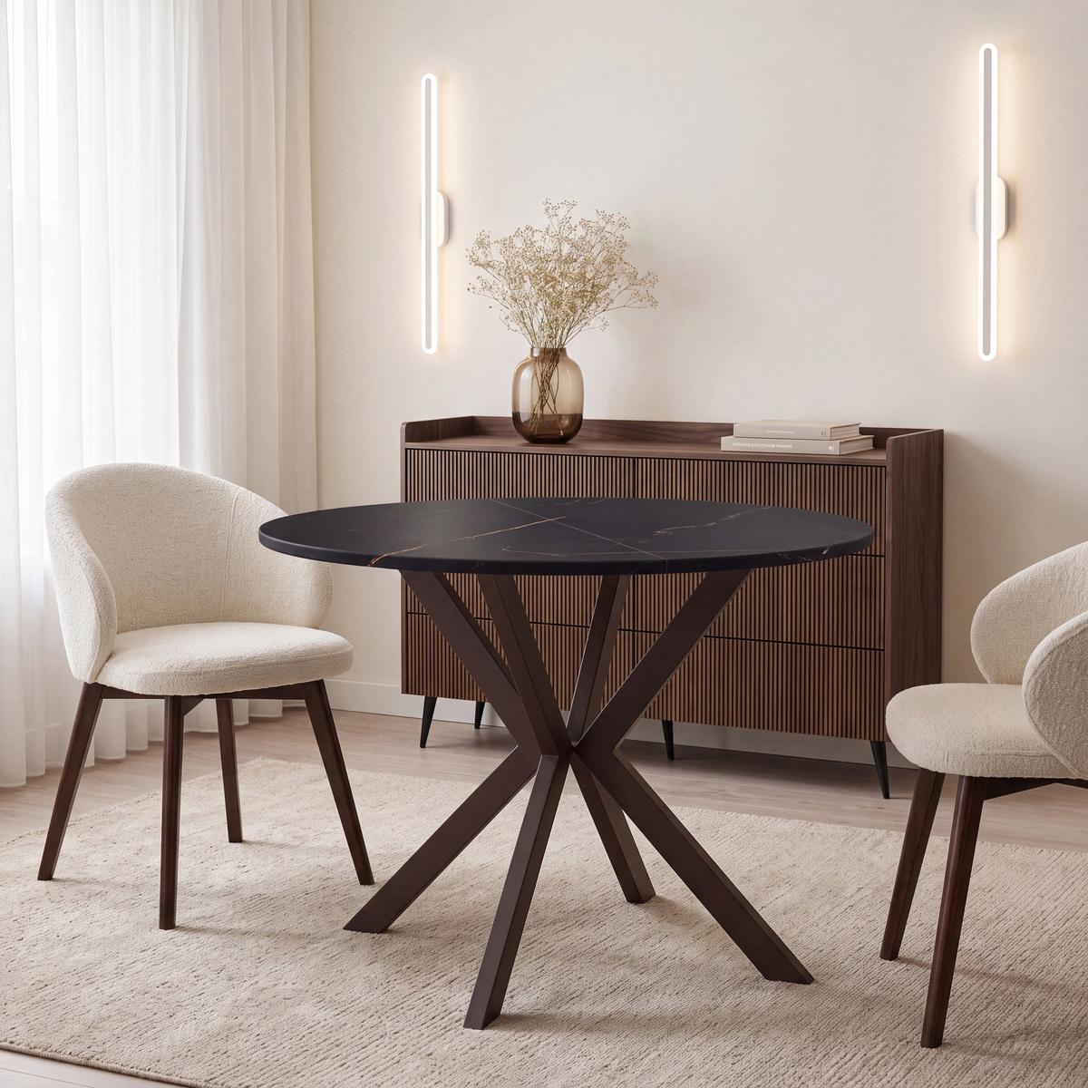ESSTISCH Valio rund oval ausziehbar verlängerbar mit braunen Metallbeinen, Schwarz Marmor Kupfer 100-140/100/76 cm - Braun/Kupferfarben, Holzwerkstoff/Metall (100/140/76cm) - WFL GROUP