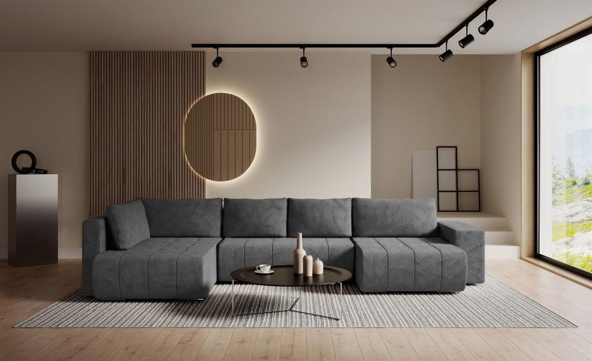 WOHNLANDSCHAFT Armanda - Dunkelgrau, Holzwerkstoff/Textil (392/83/185cm) - Fun Möbel