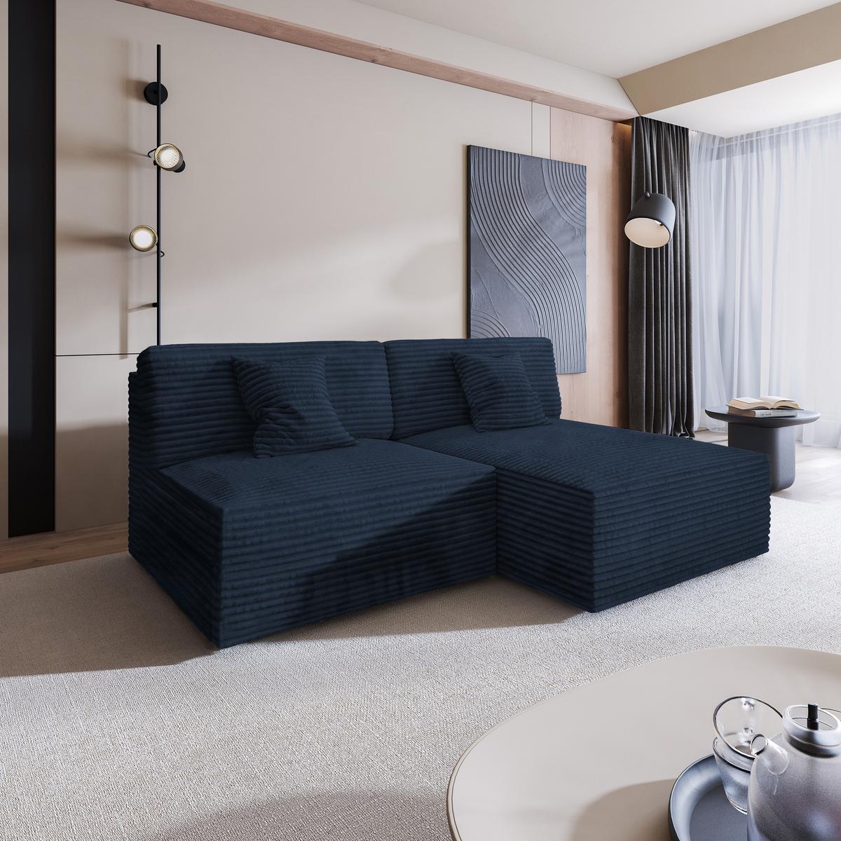 ECKSOFA FIORO Blau Kordstoff mit Schlaffunktion - Blau, Holz (204/148cm) - MASSENO