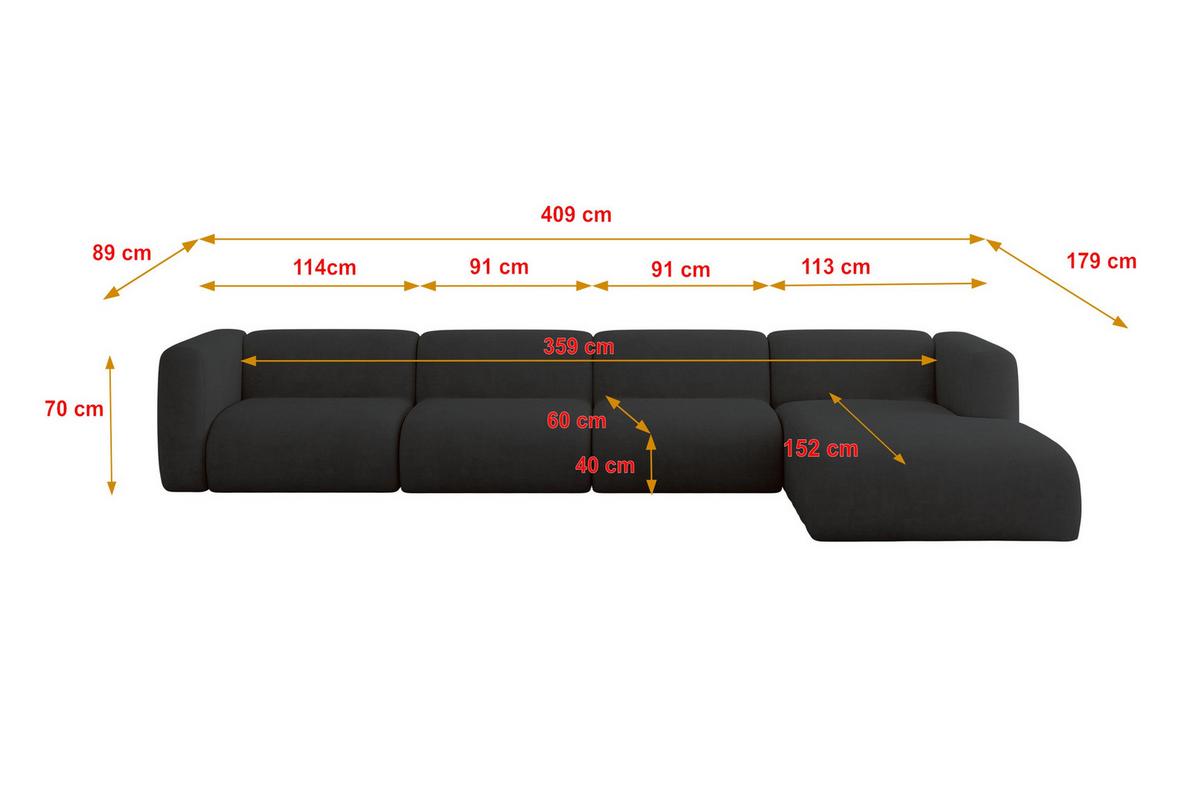 ECKSOFA Ottomane Rechts MIRA-L3 409x179x70 Schwarz Velours - Anthrazit/Schwarz, Holzwerkstoff/Kunststoff (409/179cm) - ALTDECOR