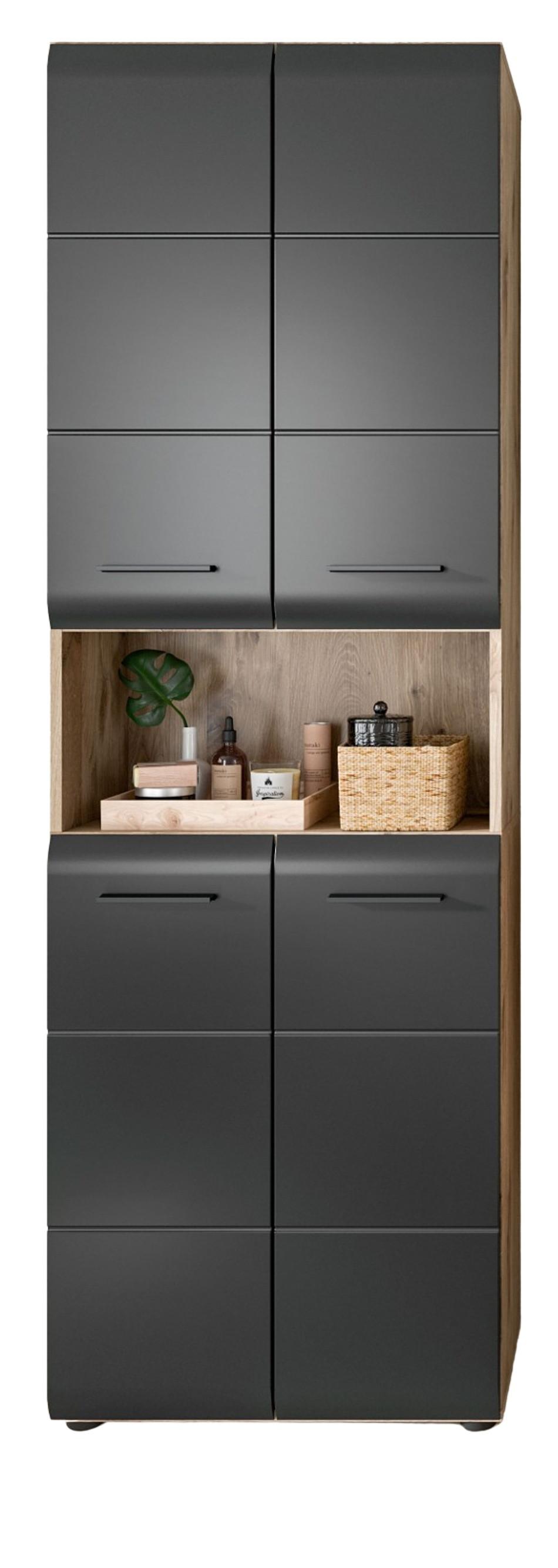 HOCHSCHRANK schwarz matt, Eiche, Badschrank 4-türig, 60 x 185 cm - Eichefarben/Schwarz, Holzwerkstoff/Kunststoff (60/185/30cm) - Inn.Furn