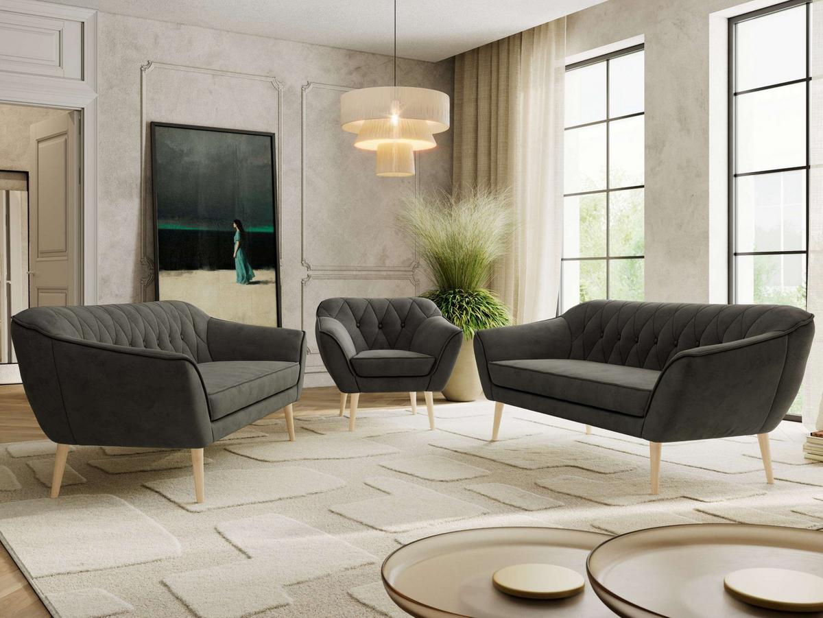 SITZGARNITUR PIRS 3+3+1 - Dunkelgrau Velvet - Holzbeine - Dunkelgrau/Buchefarben, Holzwerkstoff/Textil (180/75/74cm) - MKS