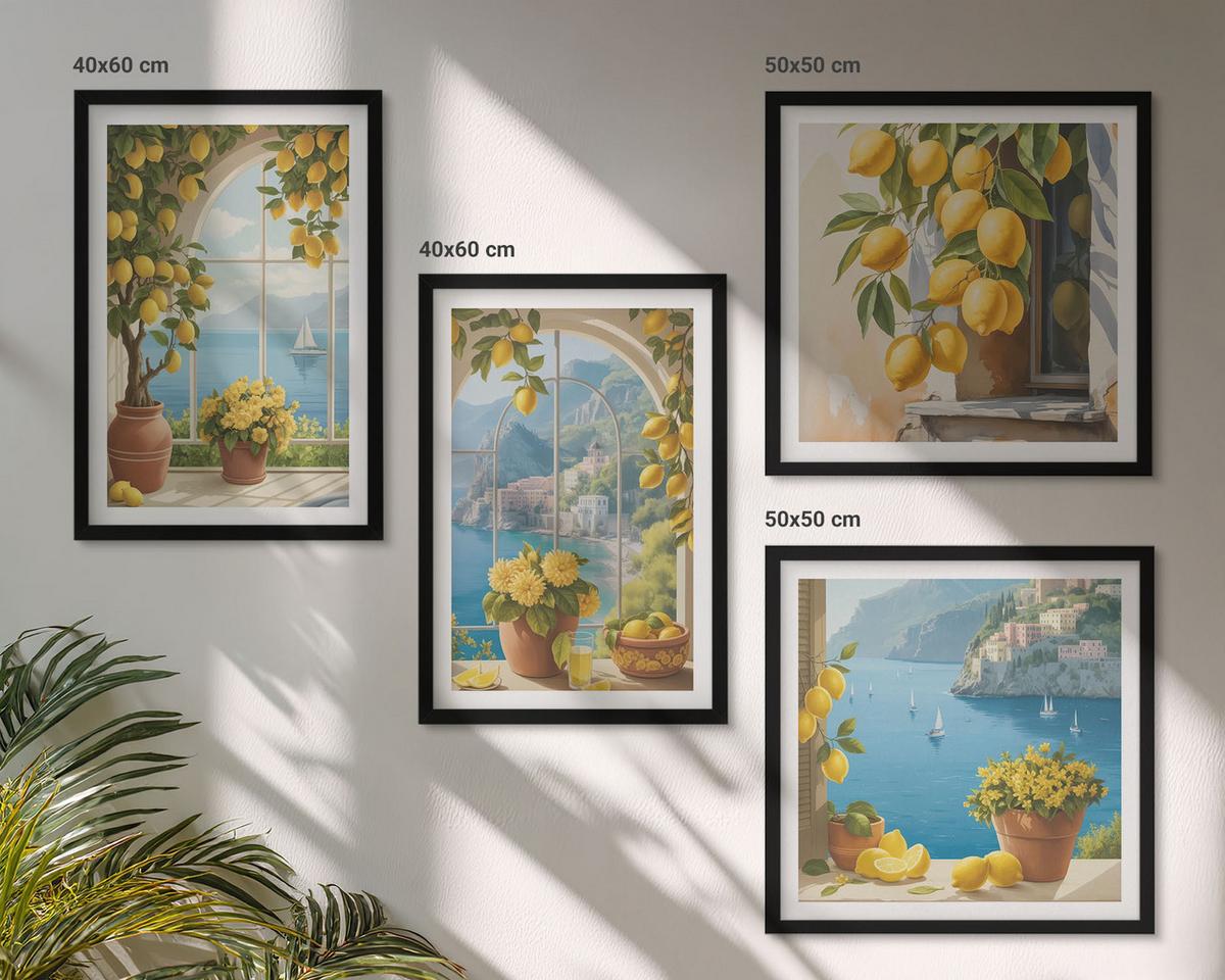BILDER SET 4er Set - 50x50 cm & 40x60 cm Schwarzer Rahmen - Meereslandschaften, Zitronen, Fenster - Schwarz, Kunststoff (50/50cm) - TULUP