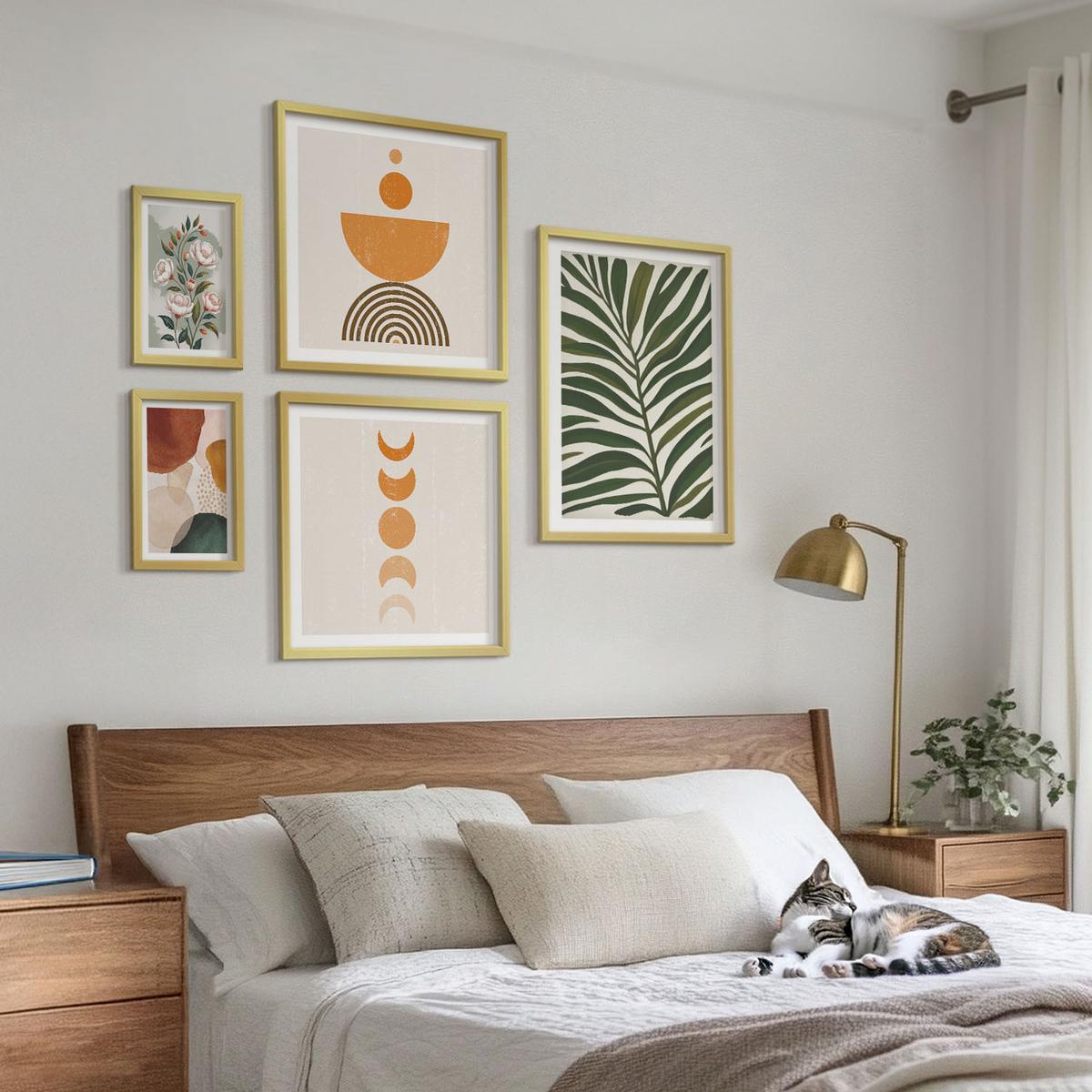 BILDER SET 5er Set - 50x50 cm & 20x30 cm & 40x60 cm Goldrahmen - Abstrakte Blattformen - Goldfarben, Kunststoff (40/60cm) - TULUP