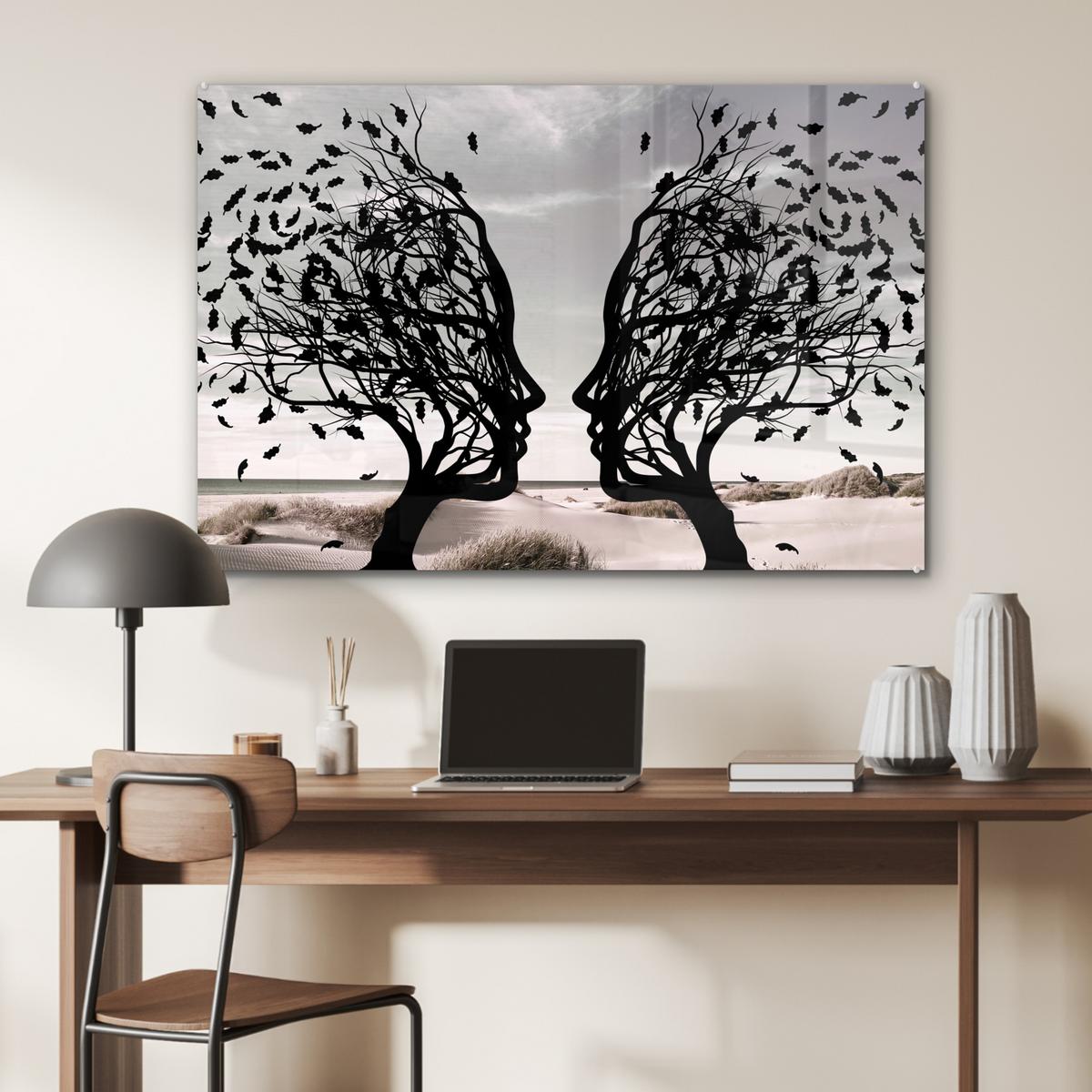 ACRYLGLASBILD Strand - Meer - Menschen - Baum - Moderne Kunst Room Decor 90x60 cm - Hellgrau, Glas (90/60cm) - MuchoWow