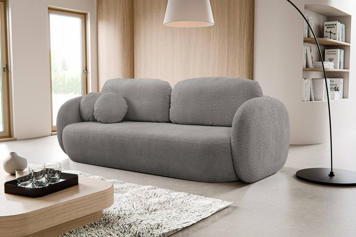 BETTSOFA AMICO Grau Bucle-Stoff mit Schlaffunktion - Grau, Holz (238/86.5/101cm) - MASSENO