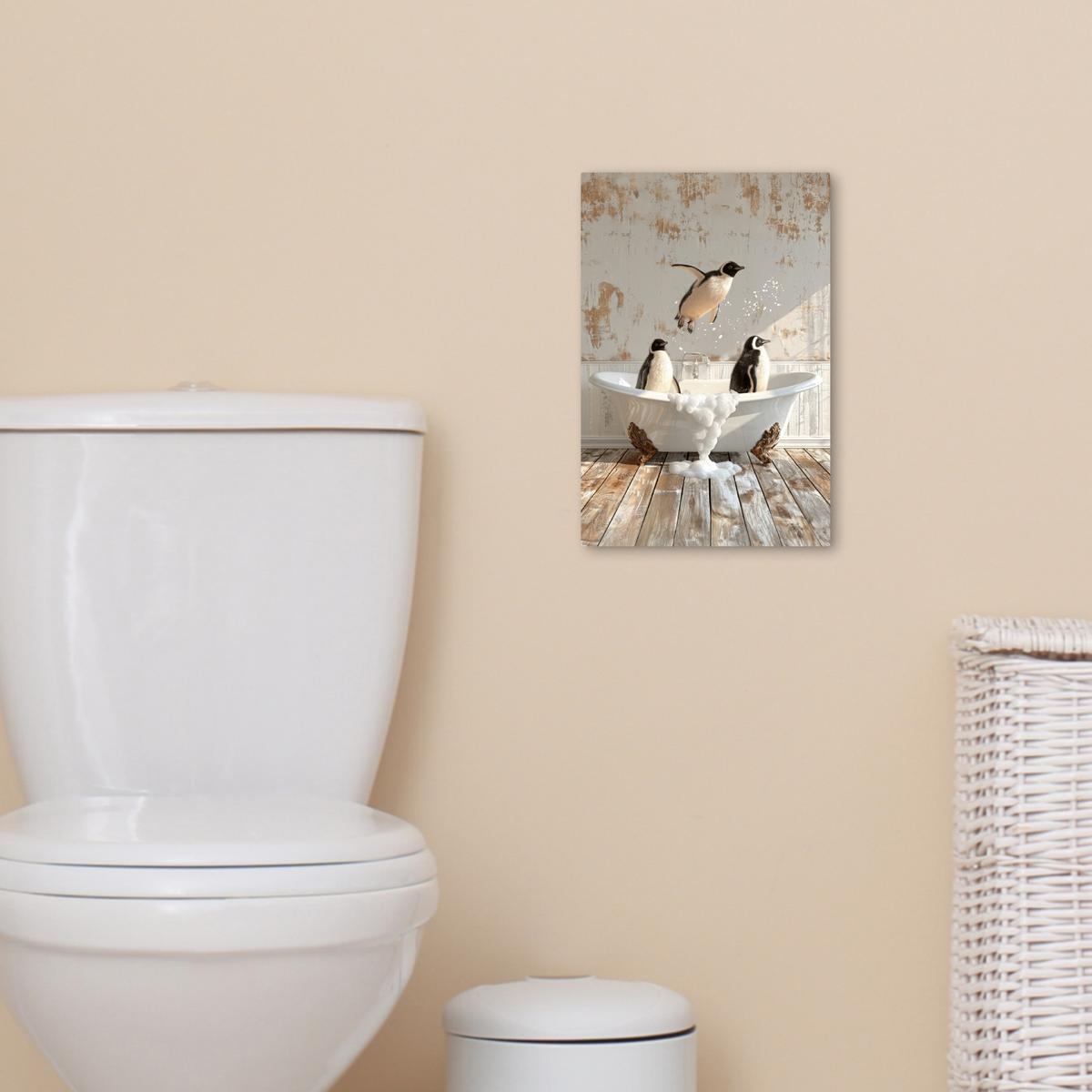 LEINWANDBILD Vintage - Pinguin - Badewanne - Schaumstoff Deko Wohnzimmer 20x30 cm - Schwarz, Textil (20/30cm) - MuchoWow