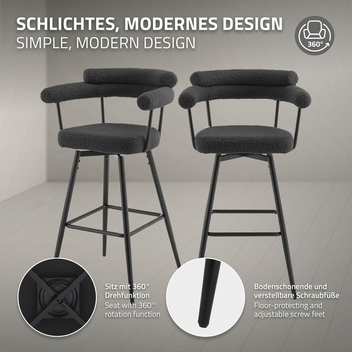 BARHOCKER 2er Set drehbar Dunkelgrau mit Teddy-Stoff 76 cm hoch - Dunkelgrau/Schwarz, Textil/Metall (61/103/55cm) - ML-DESIGN