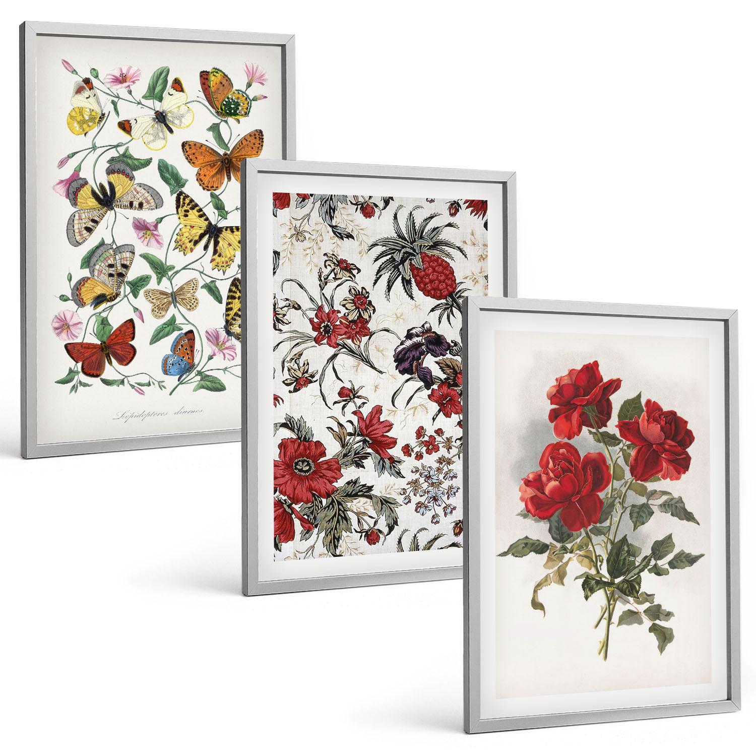 BILDER SET 3er Set - 40x60 cm Silberner Rahmen - Schmetterlinge, Blumen, rote Rosen - Silberfarben, Kunststoff (40/60cm) - TULUP