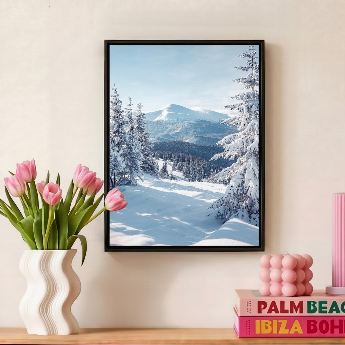 LEINWAND Bilder mit Rahmen - Winterlandschaft - Natur - Berge - Bäume - Schnee - 30x40 - Hellblau, Textil (30/40cm) - MuchoWow