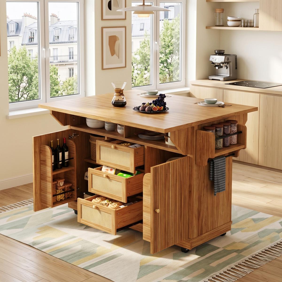 KÜCHENINSEL Dunkelbraun Ausklappbar Mit PE-Rattanschubladen & Rollen - Dunkelbraun, Holzwerkstoff (142.5/95/80cm) - Urban Meuble