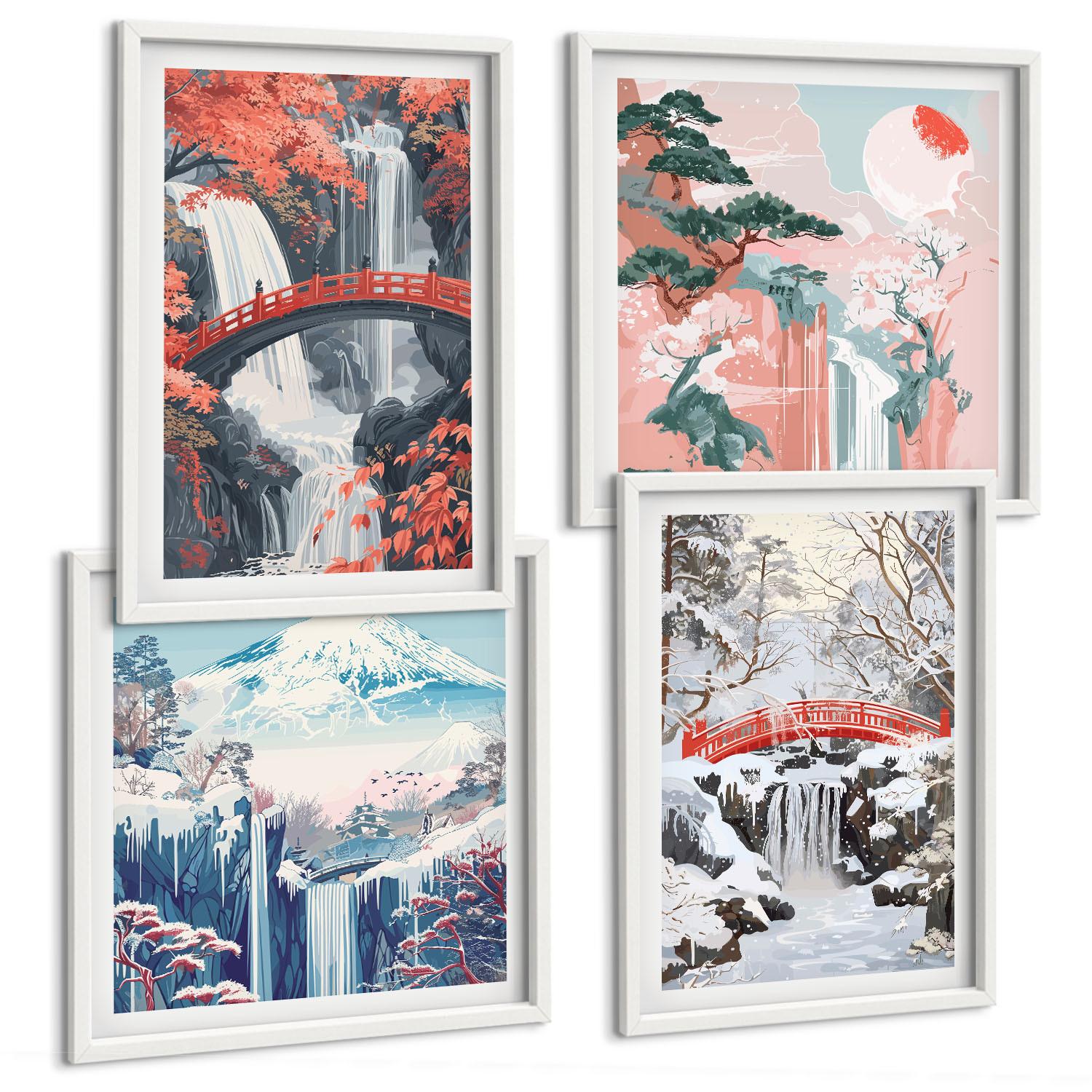 BILDER SET 4er Set - 50x50 cm & 40x60 cm Weißer Rahmen - Berglandschaften und Wasserfälle - Weiß, Kunststoff (50/50cm) - TULUP