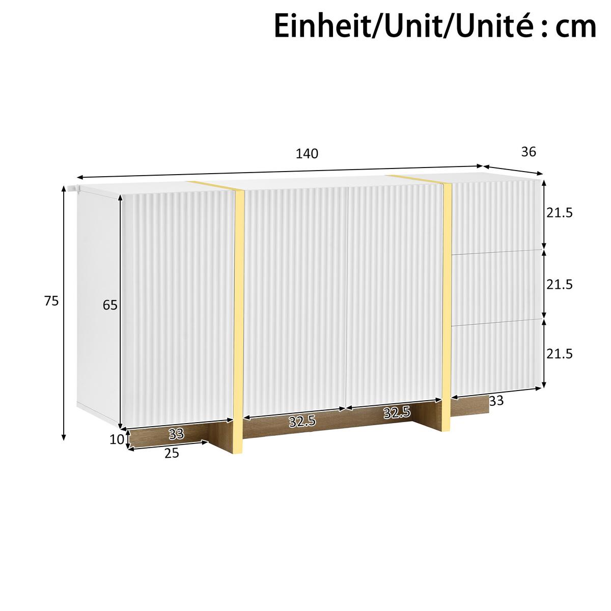 SIDEBOARD Weiß 140cm Rillenfront mit 3 Türen 3 Schubladen & Gold-Details - Weiß, Holzwerkstoff (140/75/36cm) - Urban Meuble