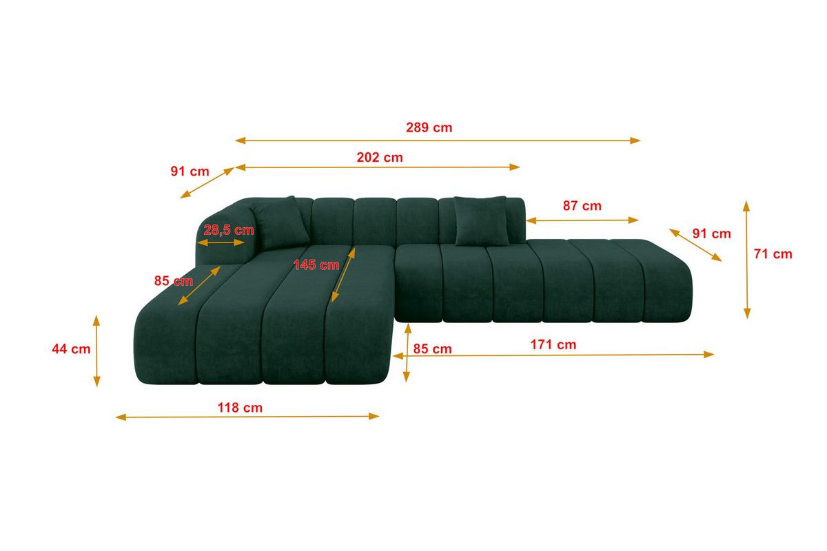ECKSOFA Ottomane Links BILA-L 289x176x71 Grün Samt - Jadegrün/Schwarz, Holzwerkstoff/Kunststoff (176/289cm) - ALTDECOR
