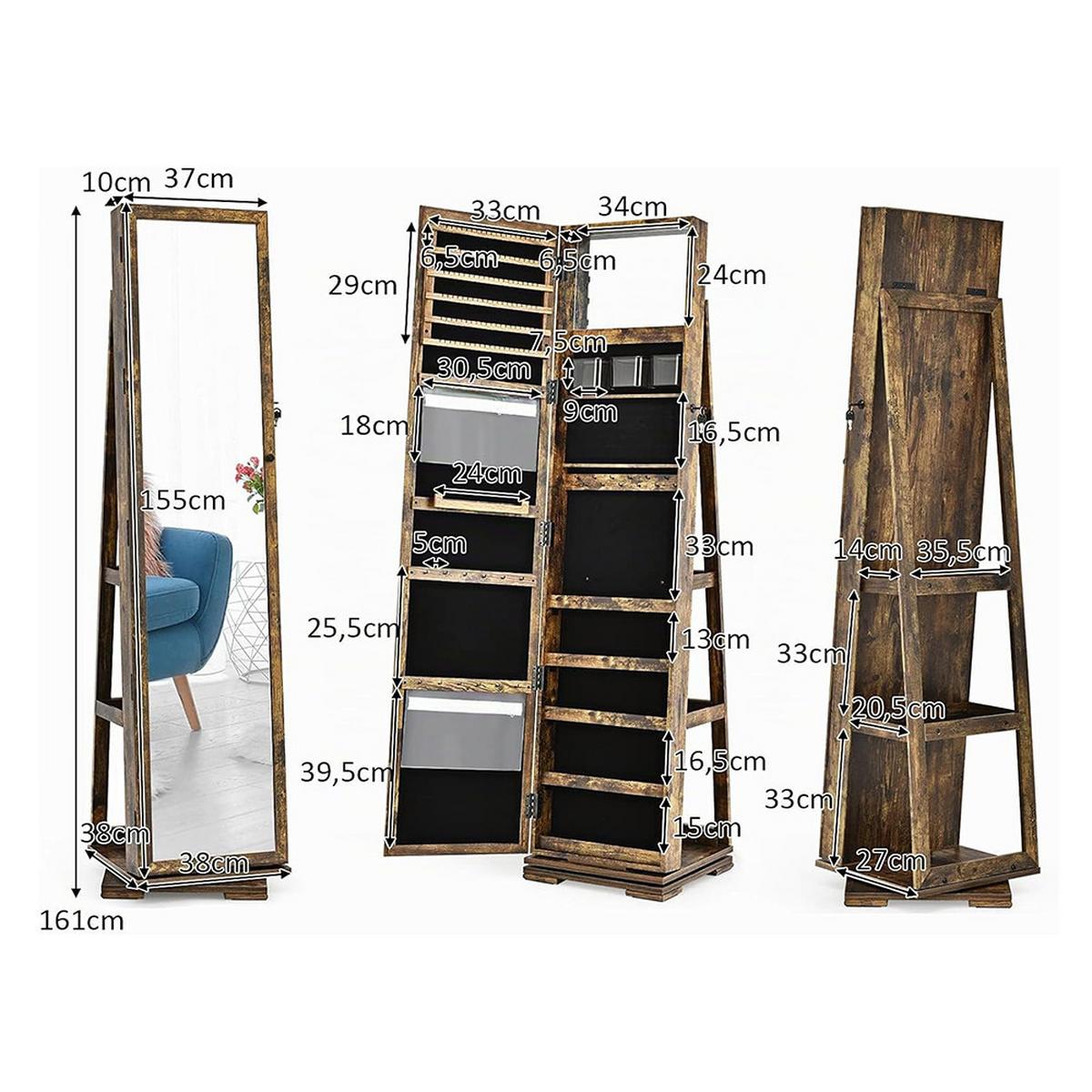 SCHMUCKSCHRANK 161cm Braun - Hellbraun, Holz (39/161/39cm) - COSTWAY