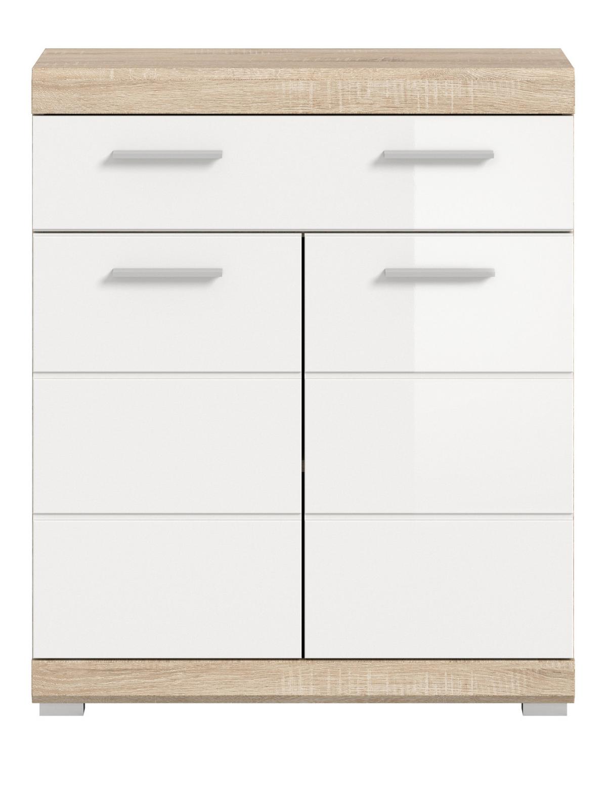 KOMMODE weiß Hochglanz, Eiche 74 x 88 cm, Badschrank mit Vollauszug - Weiß Hochglanz/Eichefarben, Holzwerkstoff/Kunststoff (74/88/31cm) - Inn.Furn