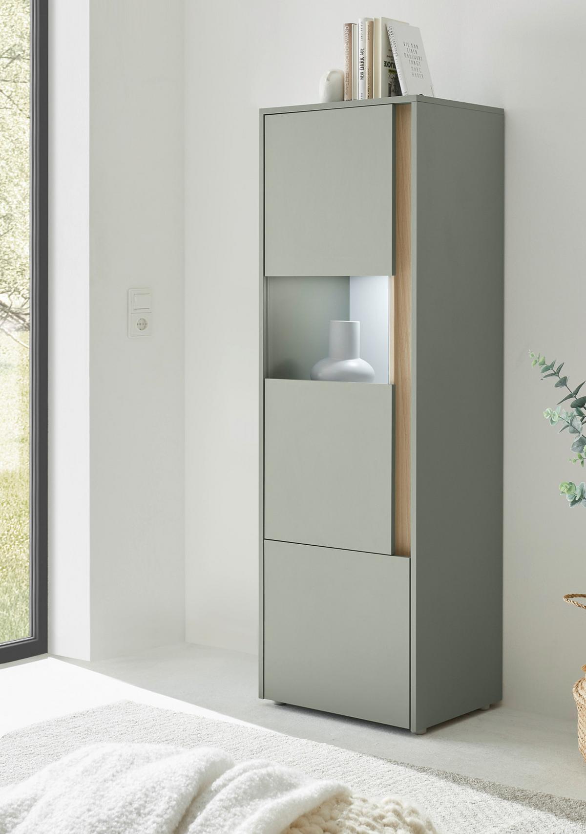 VITRINE Salbei grün, Barista Eiche 50 x 150 cm, Vitrinenschrank halbhoch - Salbeigrün/Eichefarben, Glas/Holzwerkstoff (50/155/40cm) - Furn.Design