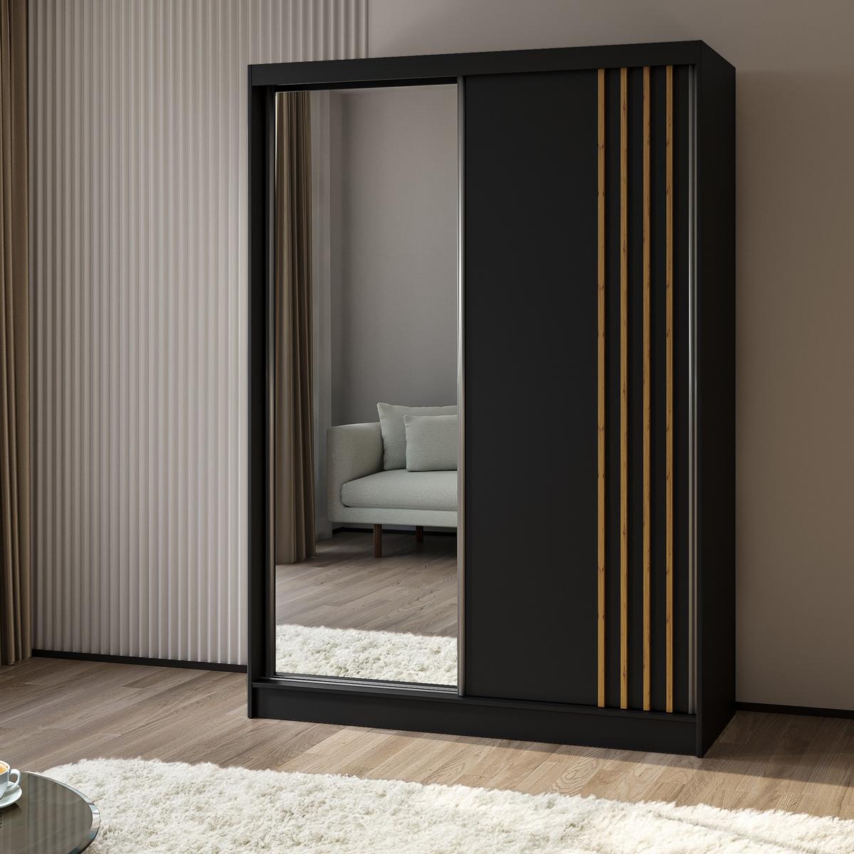 SCHWEBETÜRENSCHRANK NELVIA 150/216/61 cm 2-türig mit Spiegel Schwarz - Schwarz, Holzwerkstoff (150/216/61cm) - MASSENO