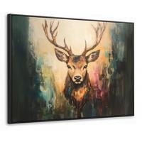 LEINWAND Bilder mit Rahmen - Hirsch - Gemalt - Geweih - Braun - 100x70 - Haselnussfarben, Textil (100/70cm) - MuchoWow