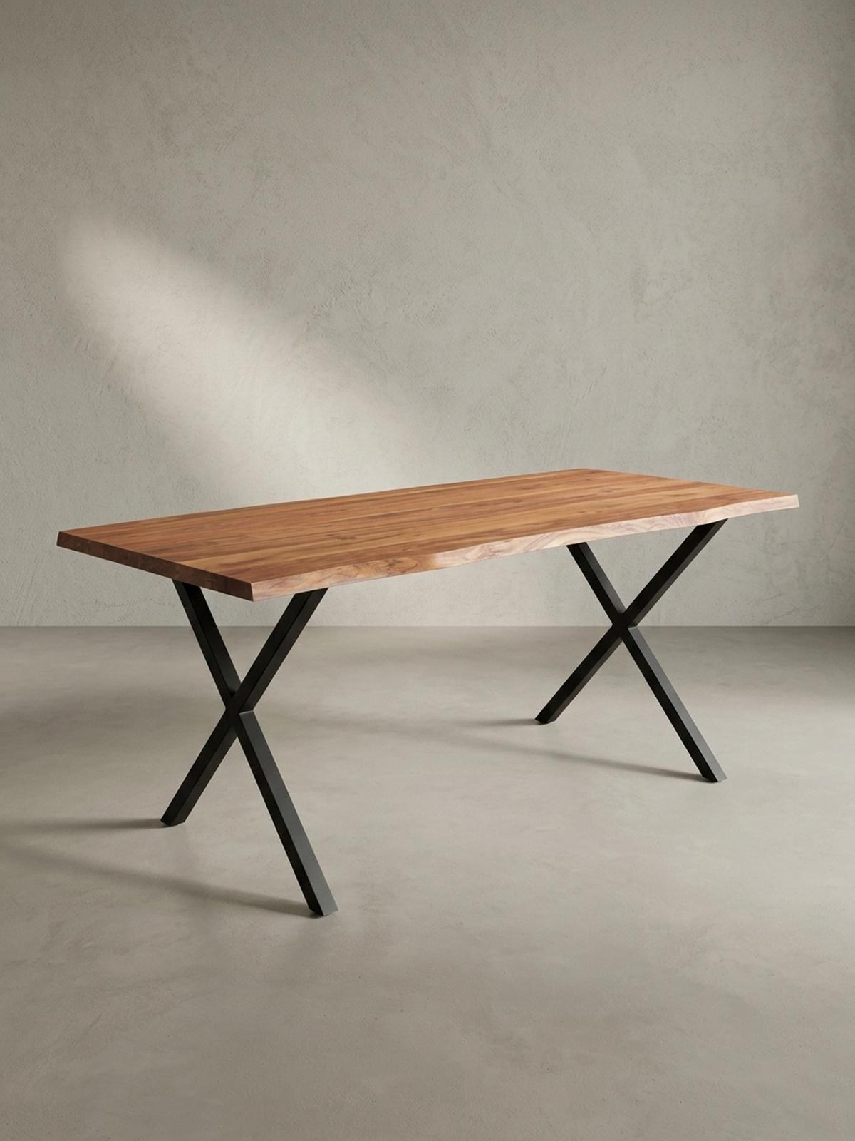 SCHREIBTISCH Massivholz X-Gestell Baumkante Handgefertigt KRETA, Goldbraun-Schwarz 160x80x76 cm - Schwarz/Braun, Holz/Metall (80/160/76cm) - KADIMA DESIGN