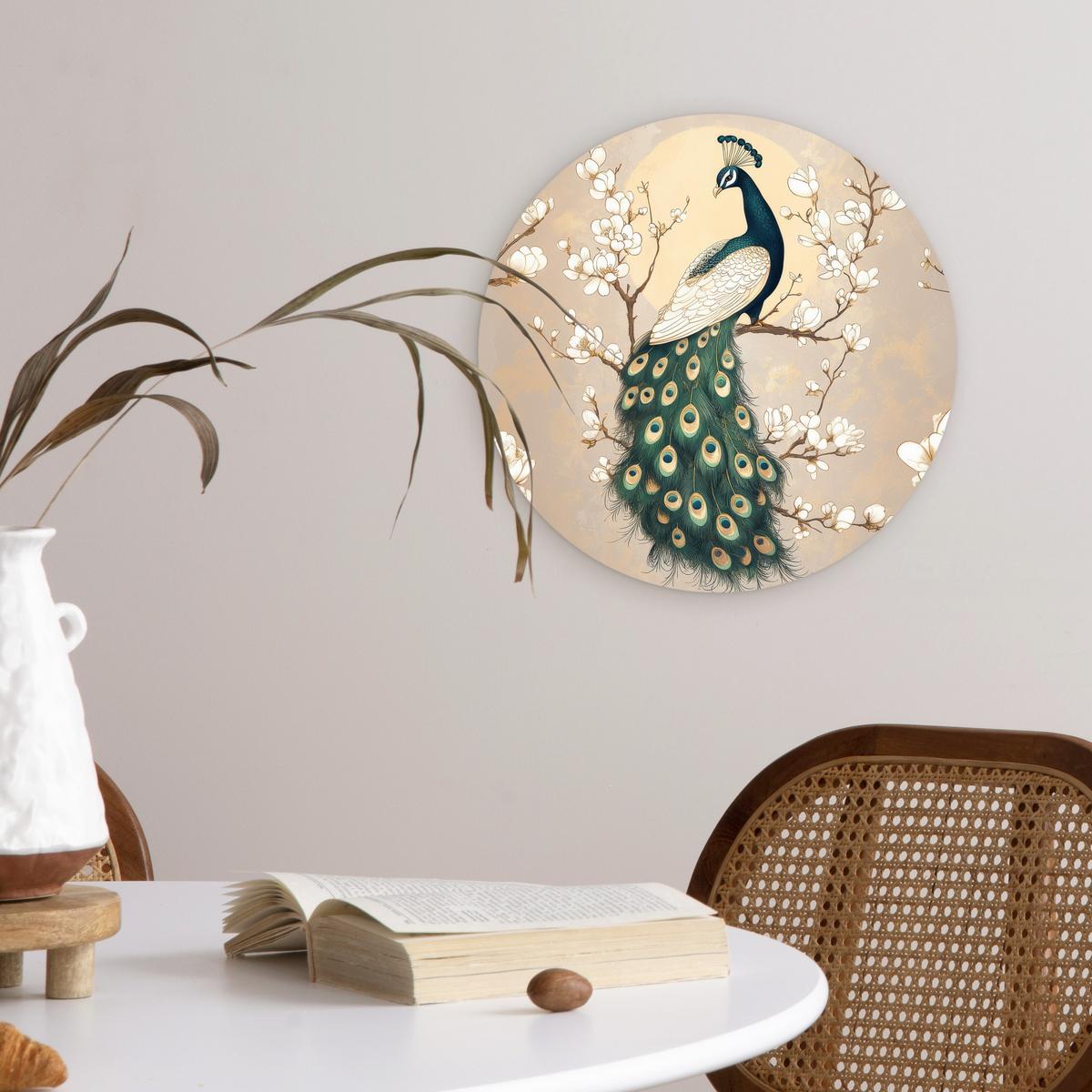 WANDBILD Pfau - Zweig - Blumen Deko Wohnzimmer 30x30 cm - Champagner, Kunststoff (30/30cm) - MuchoWow