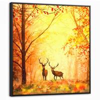 LEINWAND Bilder mit Rahmen - Natur - Ölfarbe - Hirsche - Tiere - Herbst - Orange - 90x90 - Orange, Textil (90/90cm) - MuchoWow