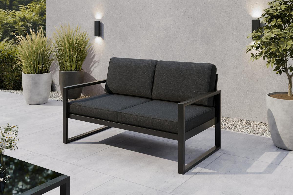 GARTENBANK Bellano Outdoor 2-Sitzer Polster-Loungebank, Stahlgestell Schwarz, Dunkelgrau 76/146/80 cm - Grau, Textil (146/86/80cm) - WFL GROUP
