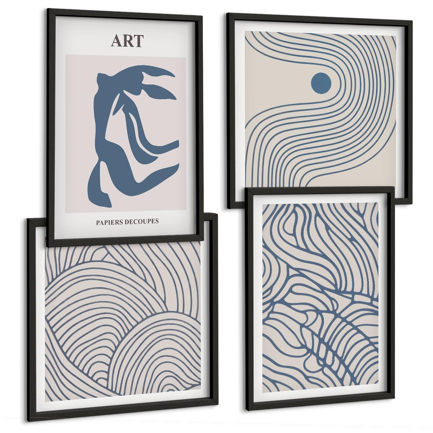 BILDER SET 4er Set - 50x50 cm & 40x60 cm Schwarzer Rahmen - Abstrakte blaue Linien - Schwarz, Kunststoff (50/50cm) - TULUP