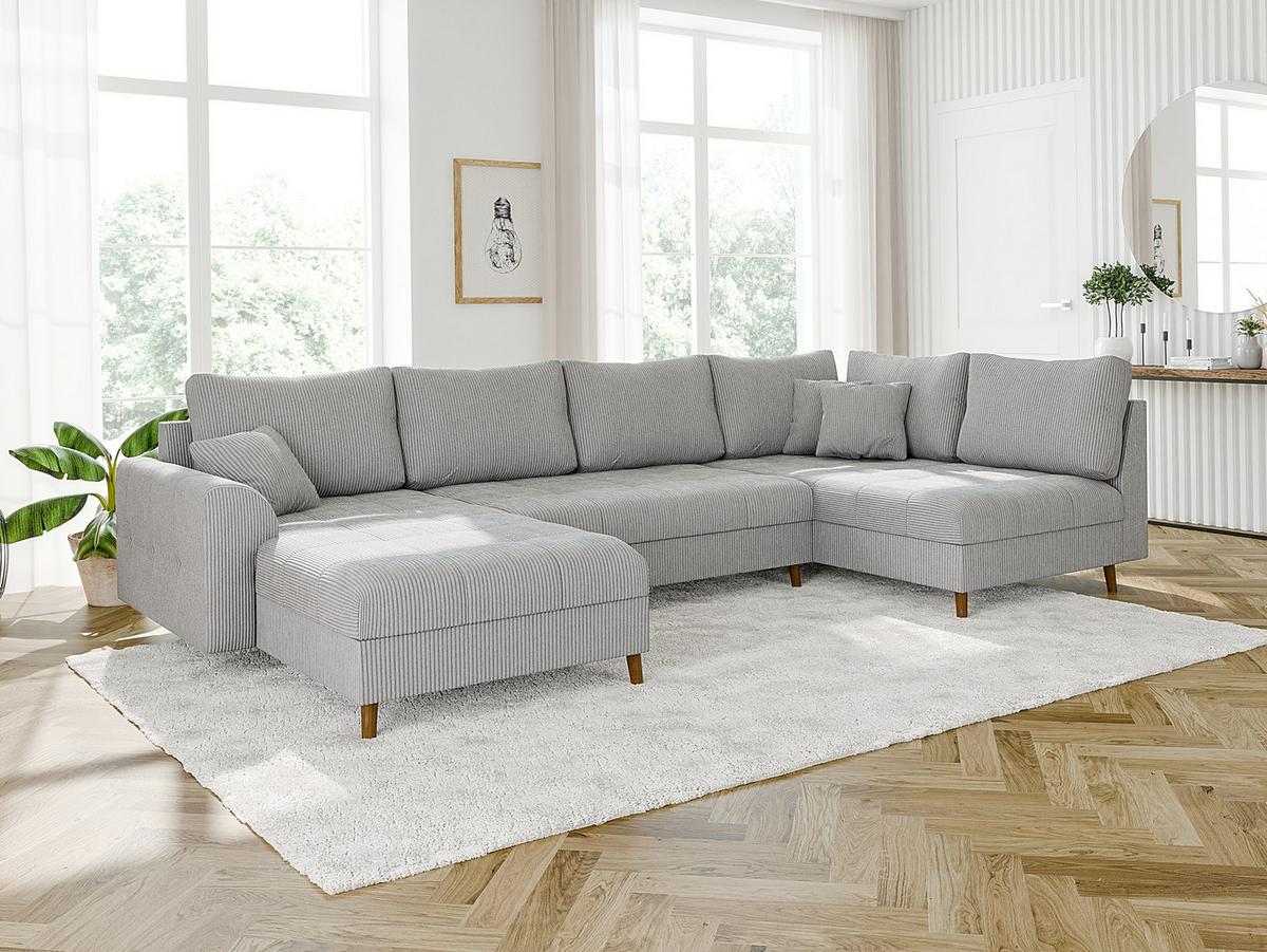 WOHNLANDSCHAFT inkl. Hocker Alma Hellgrau Cord - Hellgrau/Braun, Holz/Textil (310/81/161cm) - S-Style Möbel
