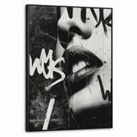 LEINWAND Bilder mit Rahmen - Gesicht - Mund - Graffiti - Schwarz - 70x100 - Schwarz, Textil (70/100cm) - MuchoWow