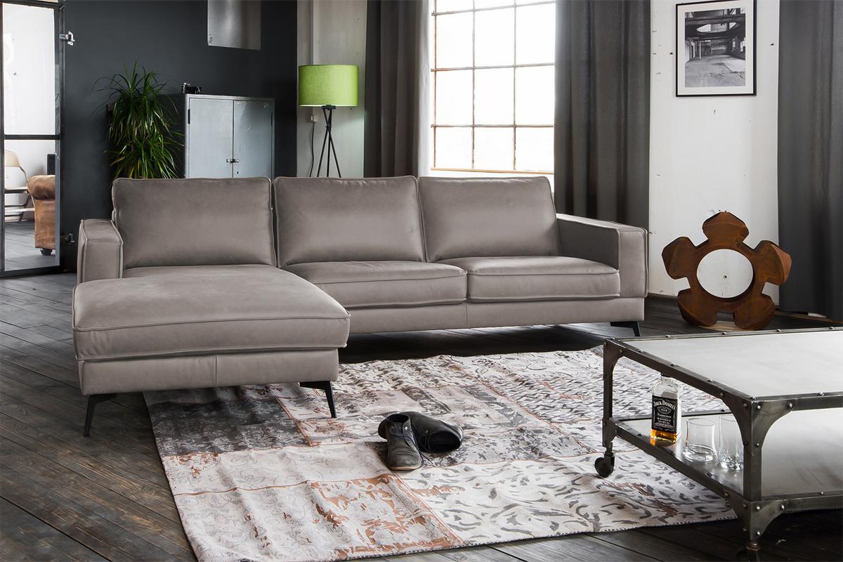 ECKSOFA BLOOM Hellgrau Leder - Hellgrau/Schwarz, Leder/Metall (276/177cm) - KAWOLA
