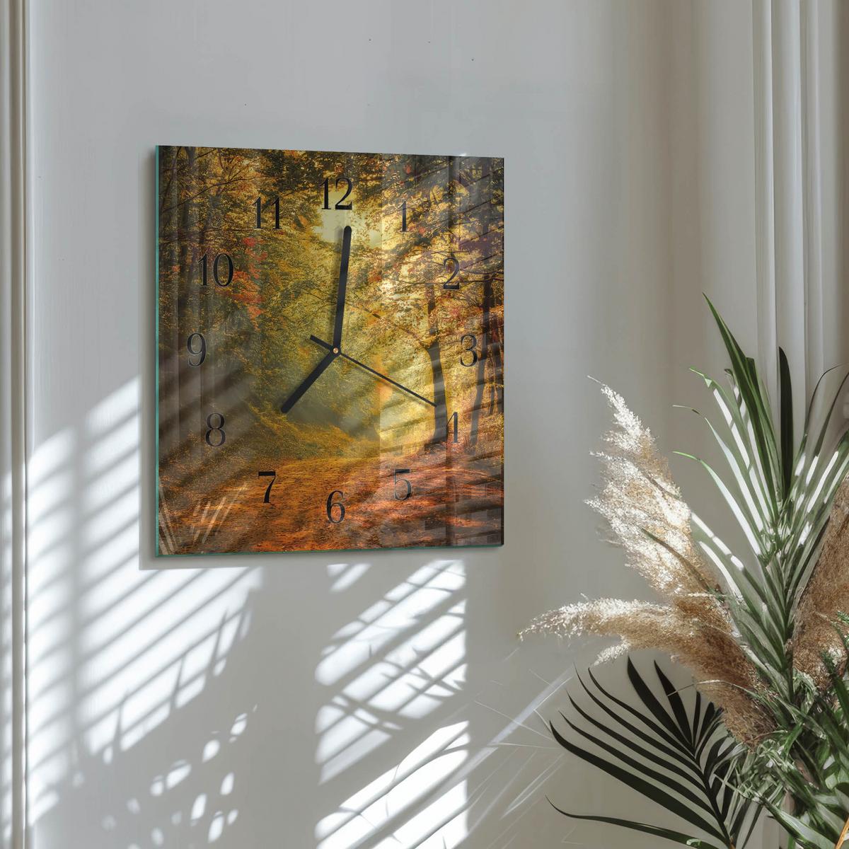 WANDUHR aus Glas 30x30 cm - Herbst im Wald - Orange, Glas (30/30/0.4cm) - TULUP