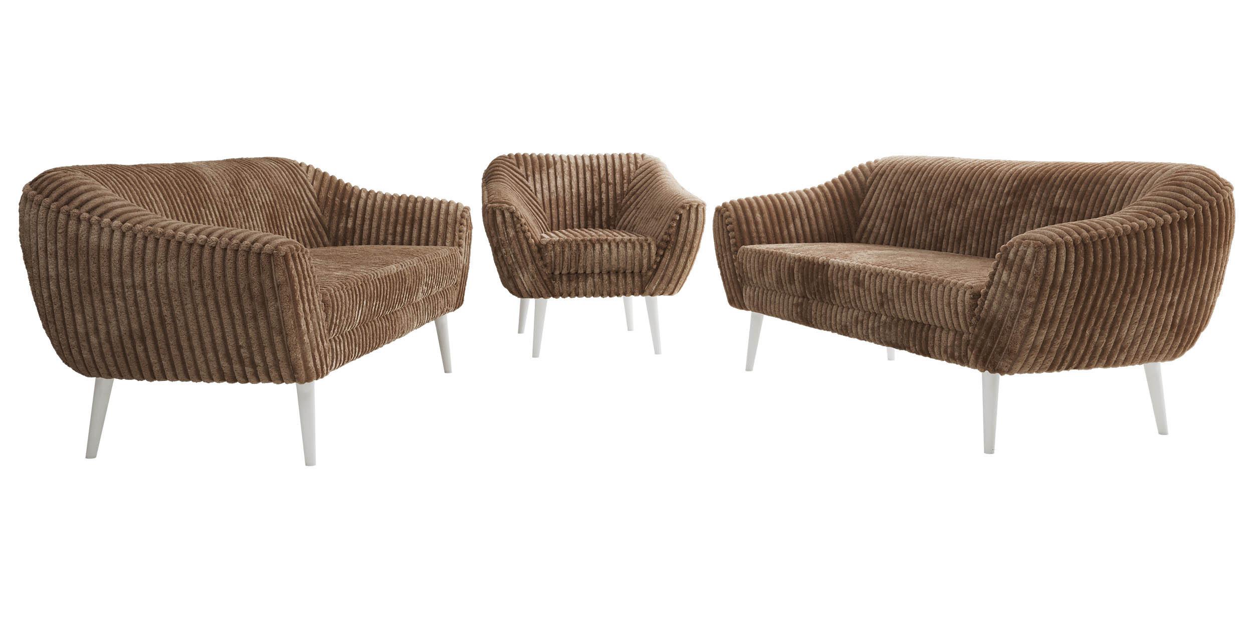 SITZGARNITUR PIRS 3+3+1 - Braun Cord - Weiße Beine - Braun/Weiß, Holzwerkstoff/Textil (180/75/74cm) - MKS
