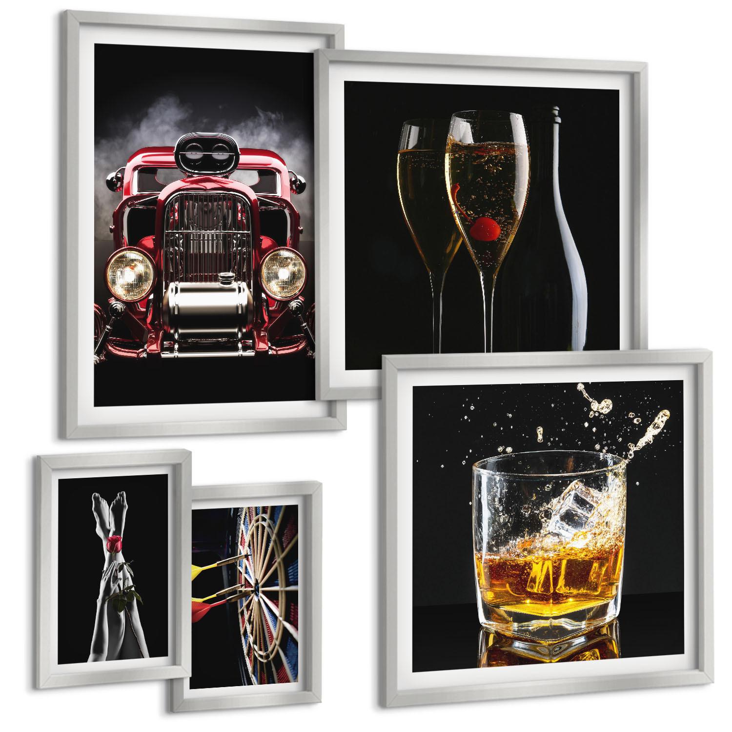 BILDER SET 5er Set - 50x50 cm & 20x30 cm & 40x60 cm Silberner Rahmen - Frauenbeine Rosenwagen Wein - Silberfarben, Kunststoff (40/60cm) - TULUP