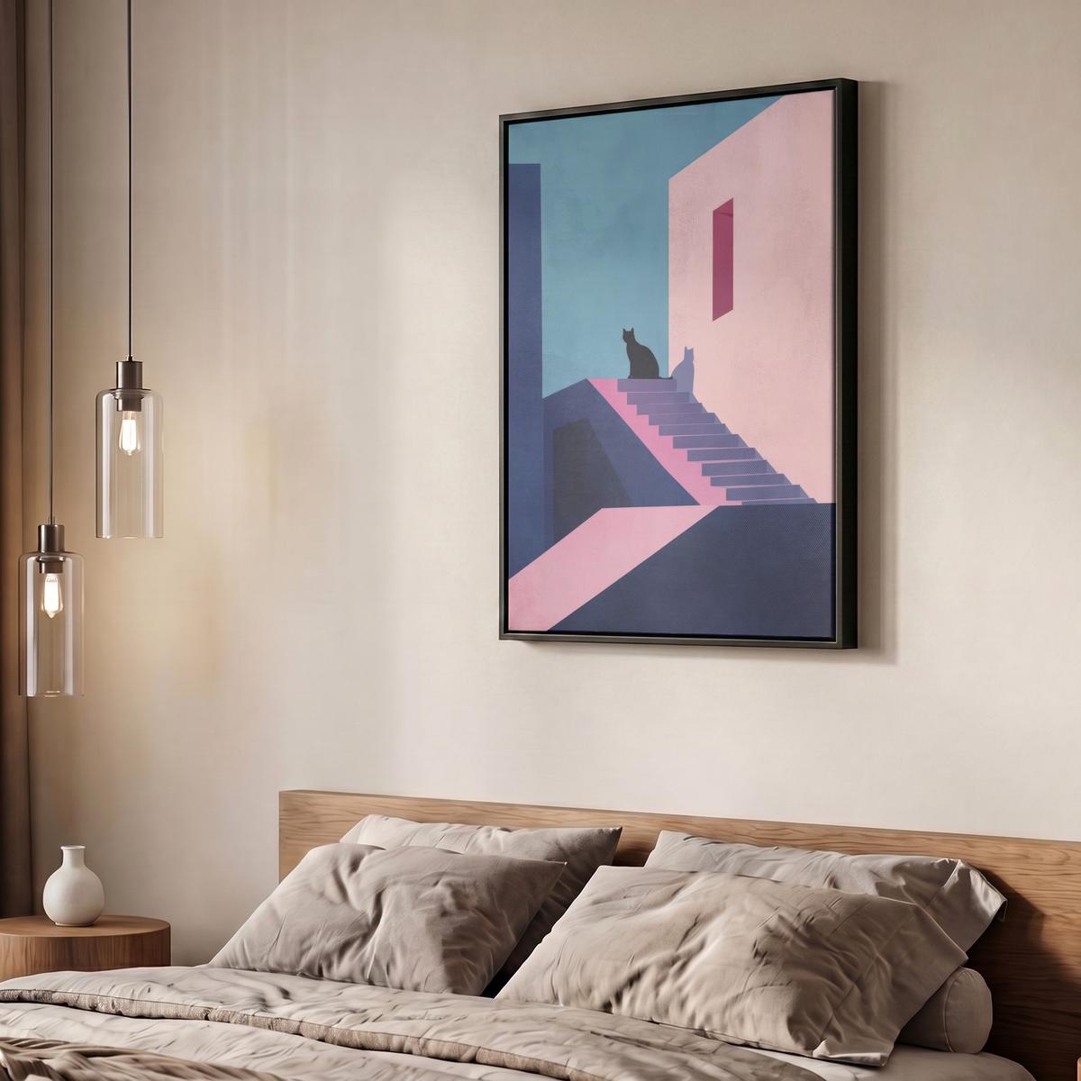LEINWAND Bilder mit Rahmen - Katze - Treppe - Gebäude - Schattenkontraste - 60x80 - Dunkelblau, Textil (60/80cm) - MuchoWow