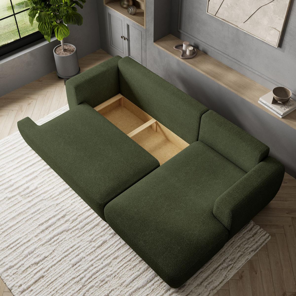 ECKSOFA SENTI N R-S Grün Boucle-Stoff mit Schlaffunktion - Schwarz/Grün, Holz/Kunststoff (246/148cm) - MASSENO