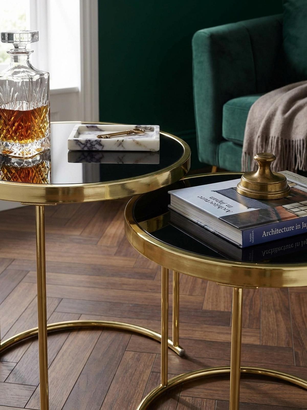 SATZTISCH Set – 2-teilig Metall Hochglanz schwarzes Glas 50/42 cm - Goldfarben/Schwarz, Glas/Metall (50/50/50cm) - KADIMA DESIGN
