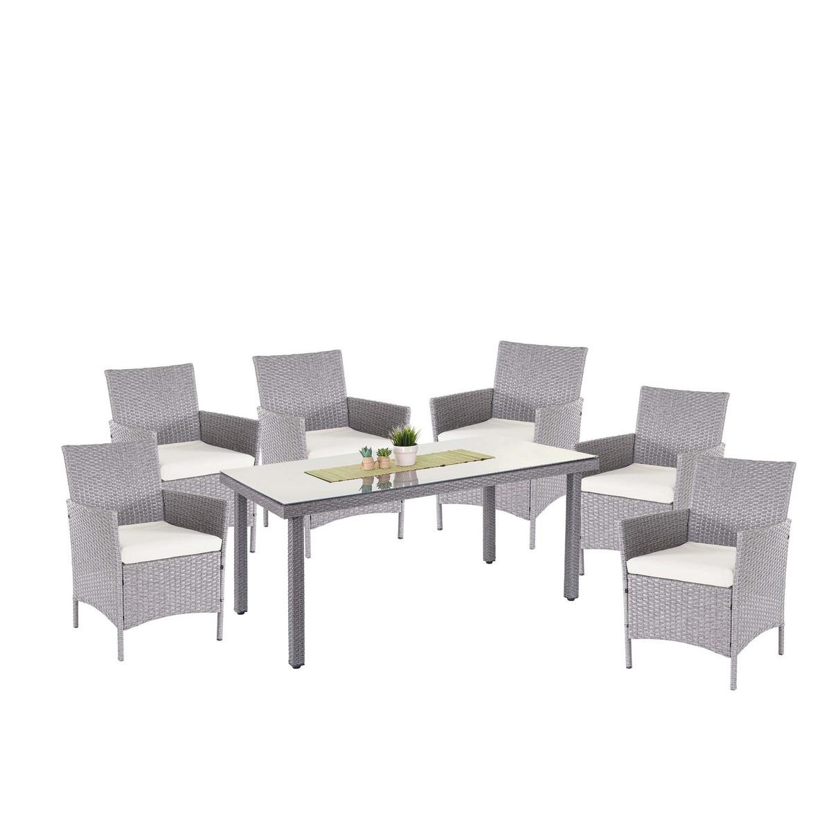 POLY-RATTAN-GARNITUR Grau, Cremeweiß - Weiß/Grau, Kunststoff - MCW