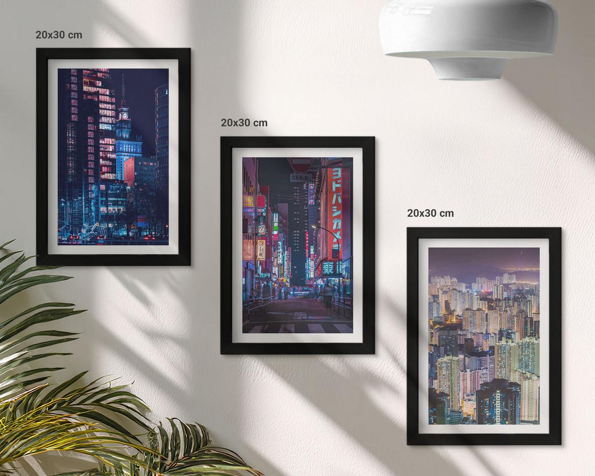 BILDER SET 3er Set - 20x30 cm Schwarzer Rahmen - Neonlichter der nächtlichen Stadt - Schwarz, Kunststoff (20/30cm) - TULUP