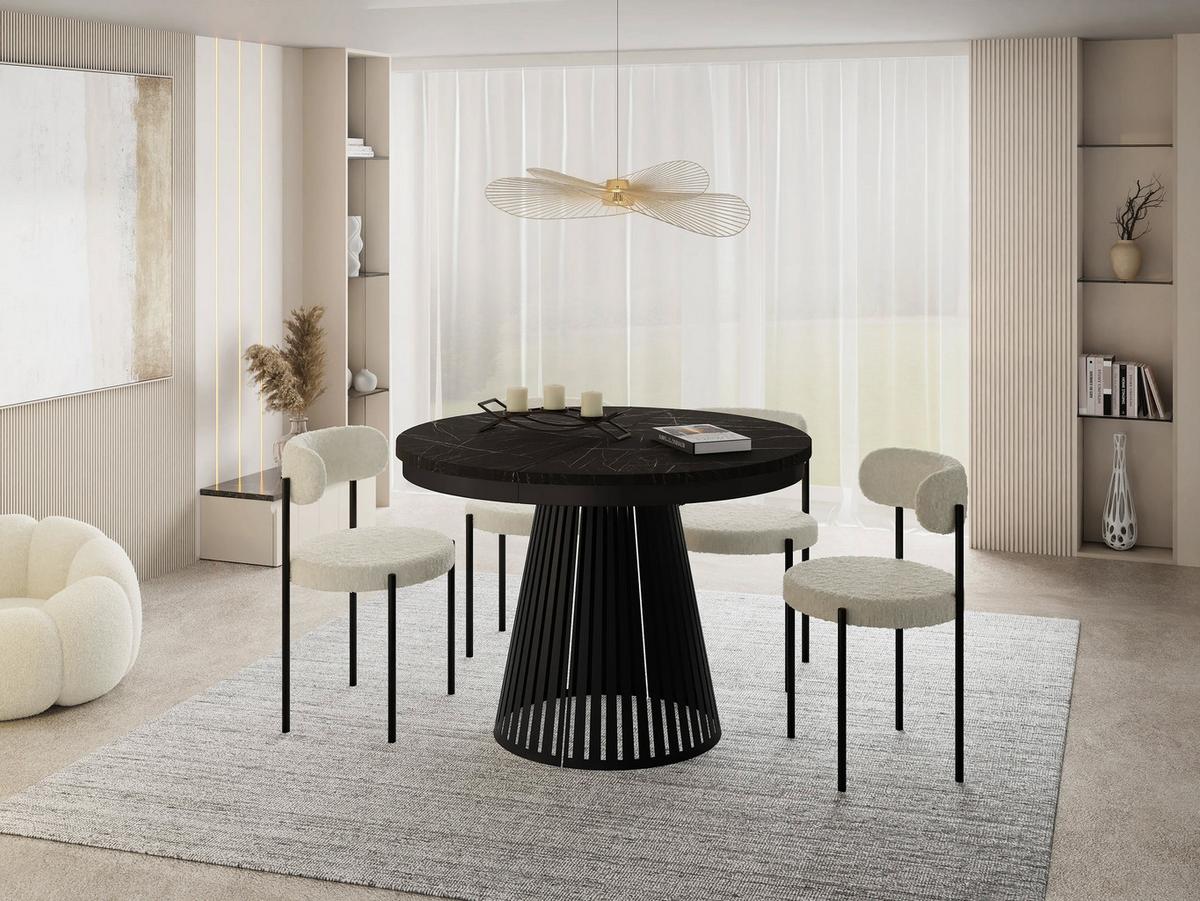 ESSTISCH Naro rund ausziehbar mit Schwarzem Lamellen-Metallgestell, Marmor Schwarz 120-200/120/76 cm - Anthrazit/Schwarz, Holzwerkstoff/Metall (120/196/76cm) - WFL GROUP