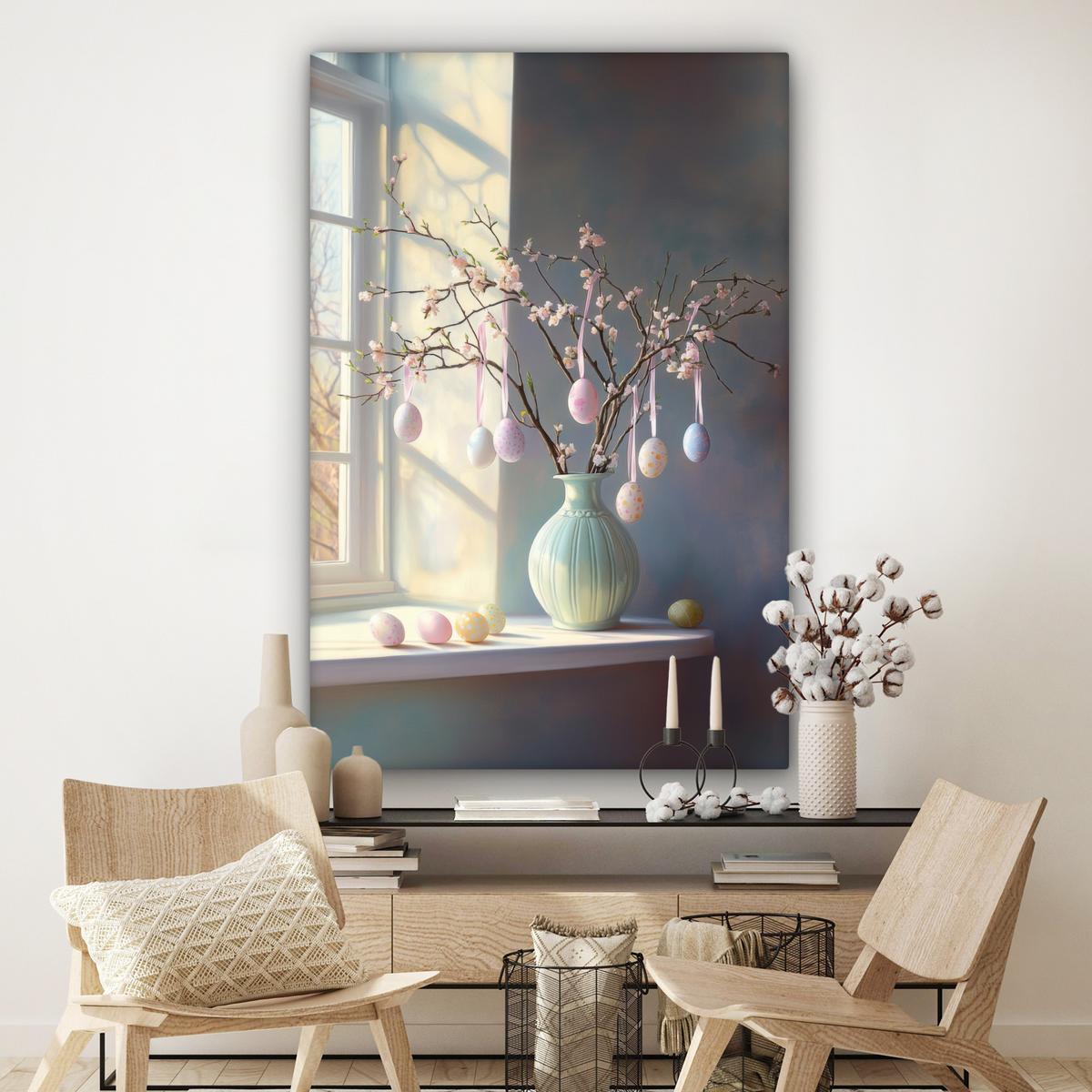 LEINWANDBILD Stillleben - Vase - Osterzweig Deko Groß 90x140 cm - Hellblau, Textil (90/140cm) - MuchoWow