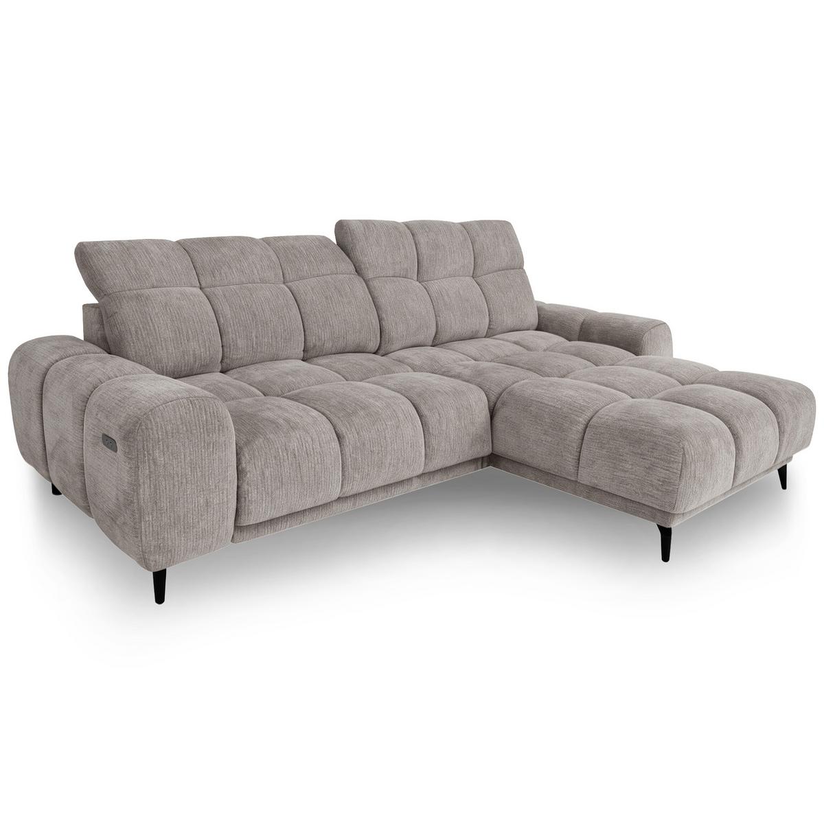 ECKSOFA Marco Mini mit elektrisch ausfahrbarem Sitz und verstellbaren Kopfstützen, Rechts, Chenille-Stoff, Hellbraun - Hellbraun/Schwarz, Textil (275/182cm) - Beautysofa